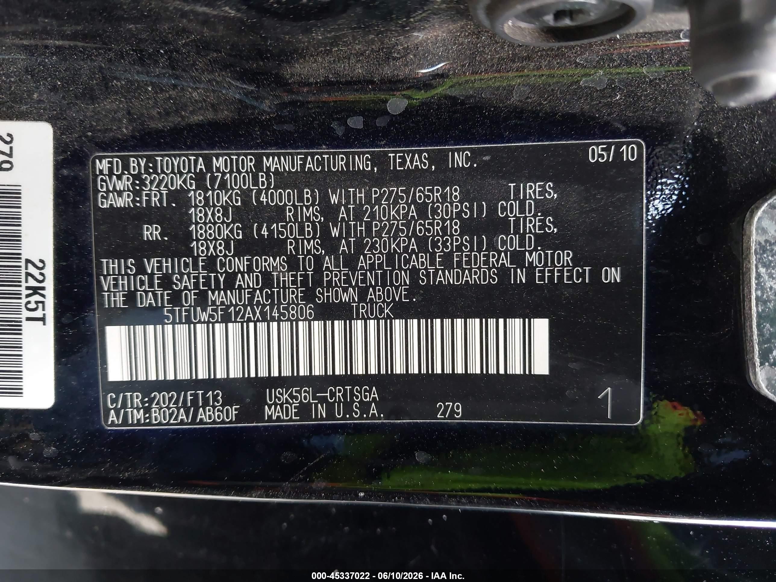 2010 Toyota Tundra Grade 5.7l V8 Black vin: 5TFUW5F12AX145806