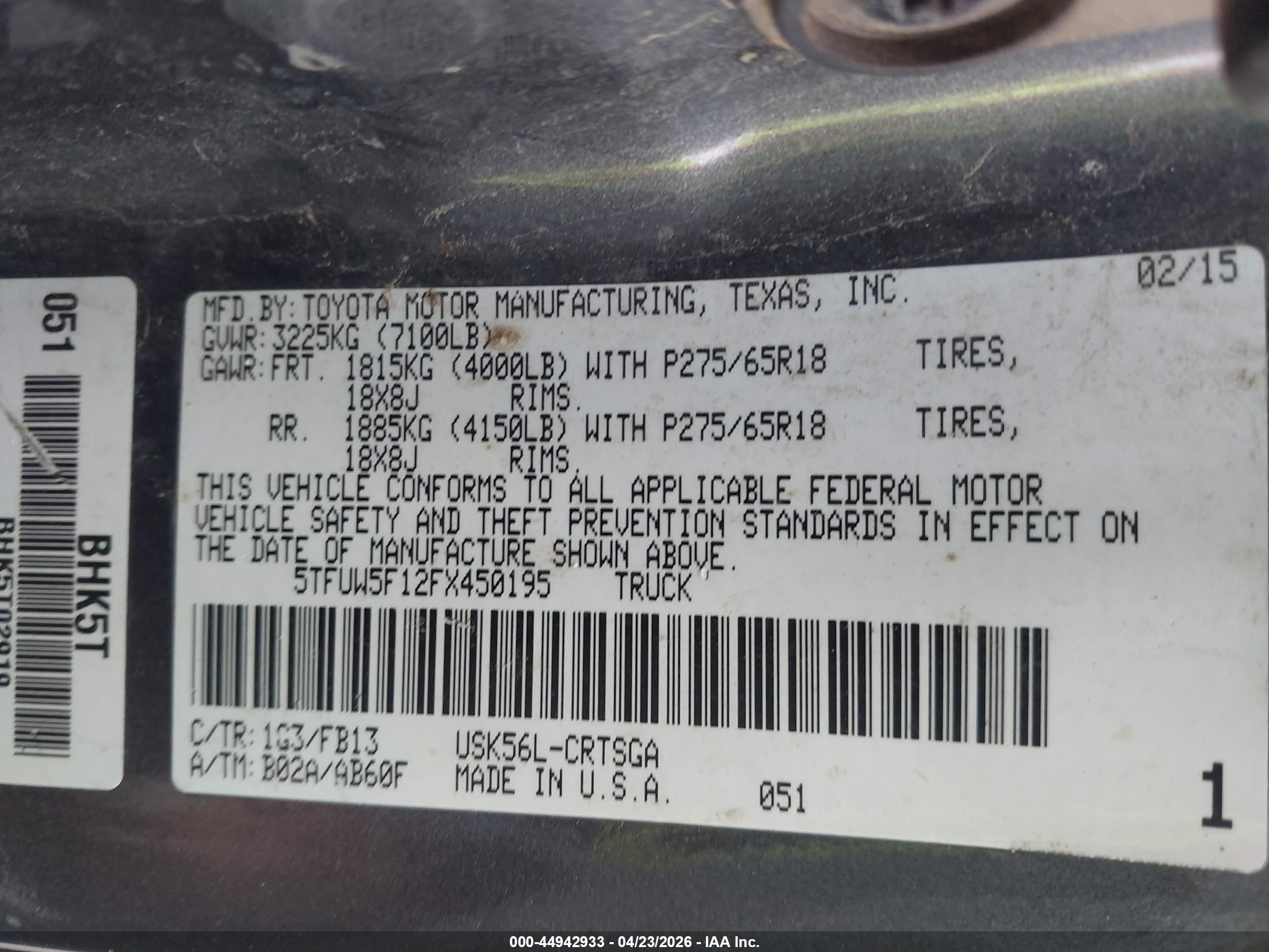 2015 Toyota Tundra Sr5 5.7l V8 Gray vin: 5TFUW5F12FX450195