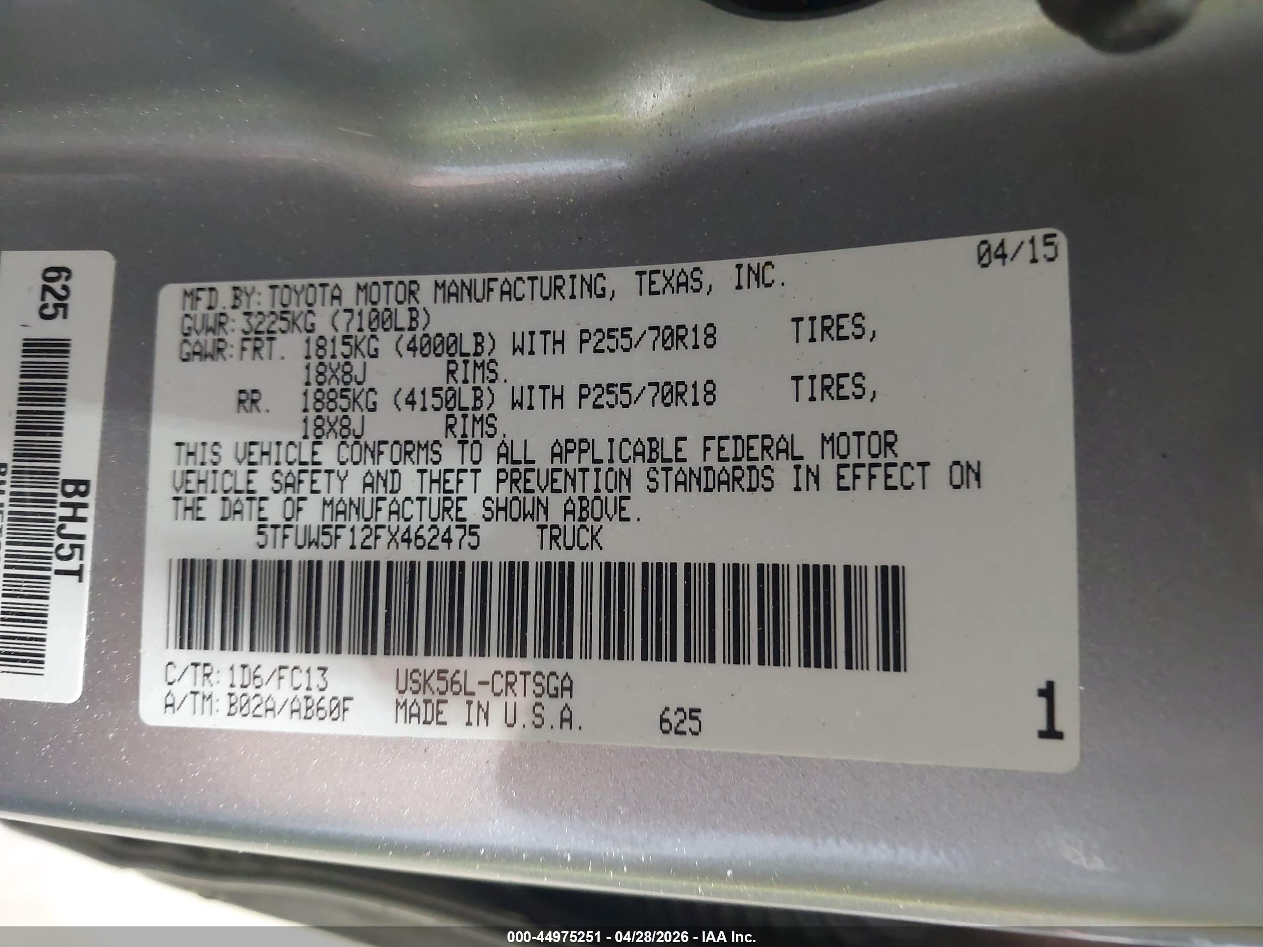 2015 Toyota Tundra Sr5 5.7l V8 Gray vin: 5TFUW5F12FX462475