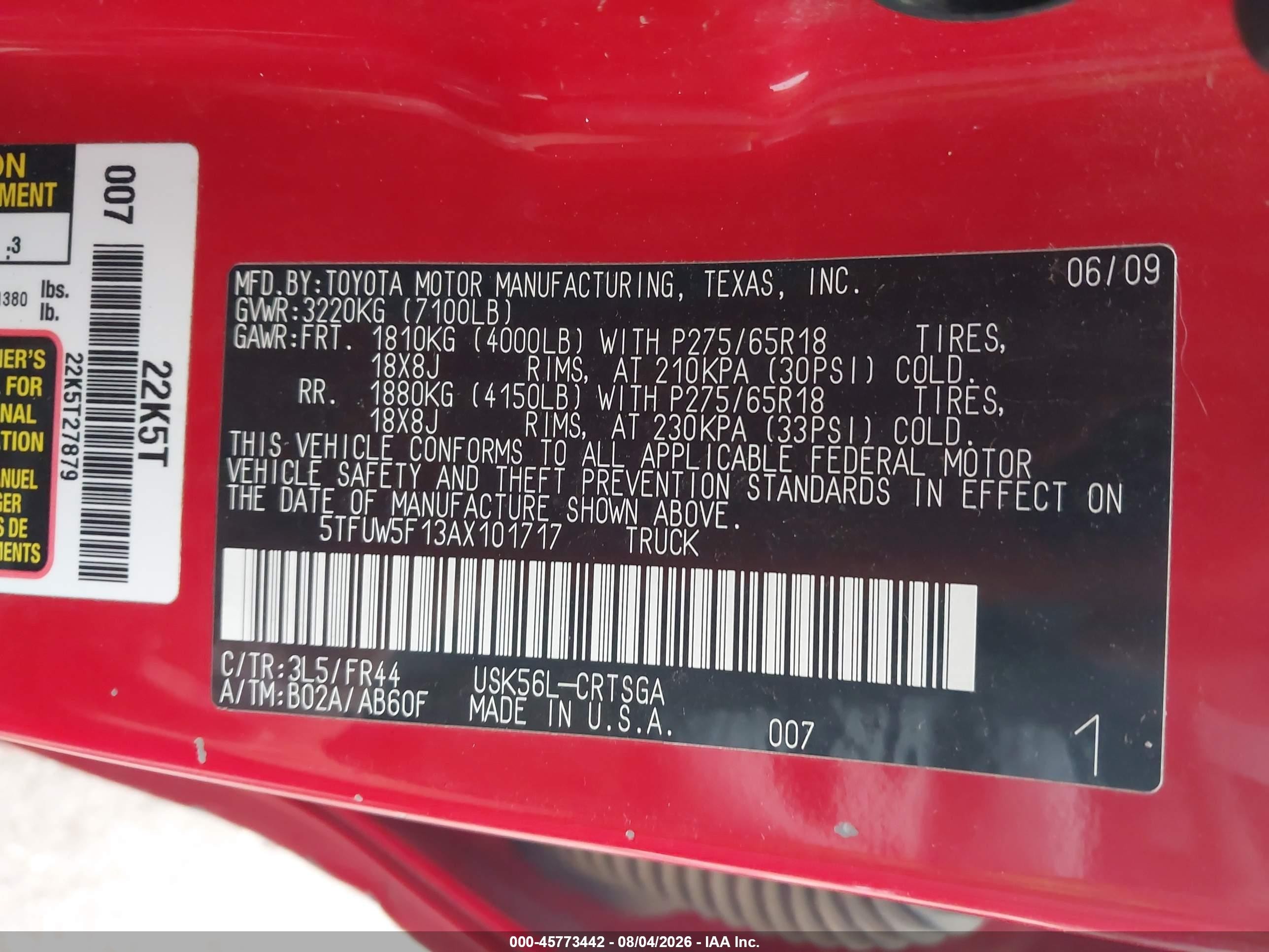 2010 Toyota Tundra Grade 5.7l V8 Red vin: 5TFUW5F13AX101717