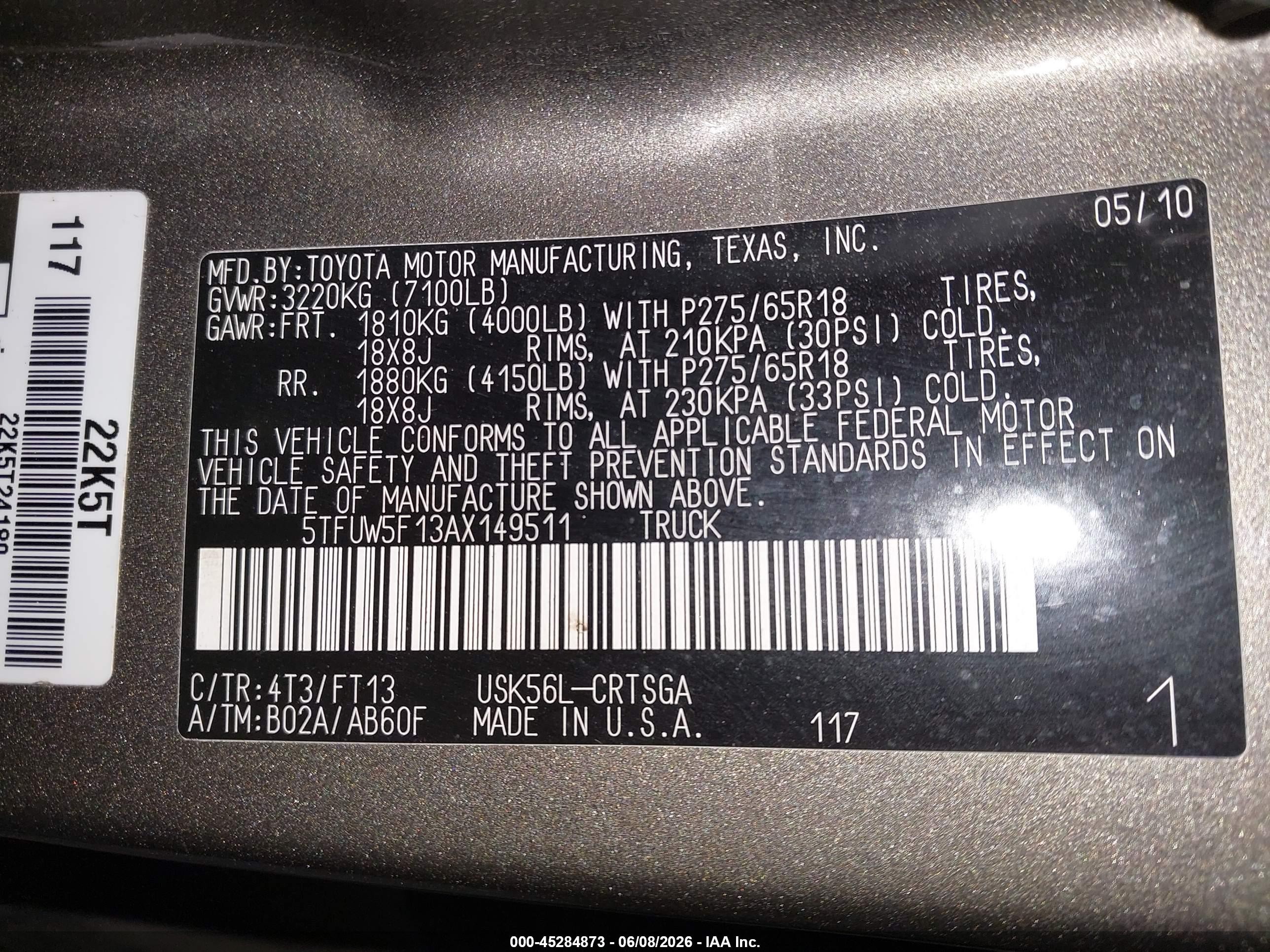 2010 Toyota Tundra Grade 5.7l V8 Gray vin: 5TFUW5F13AX149511