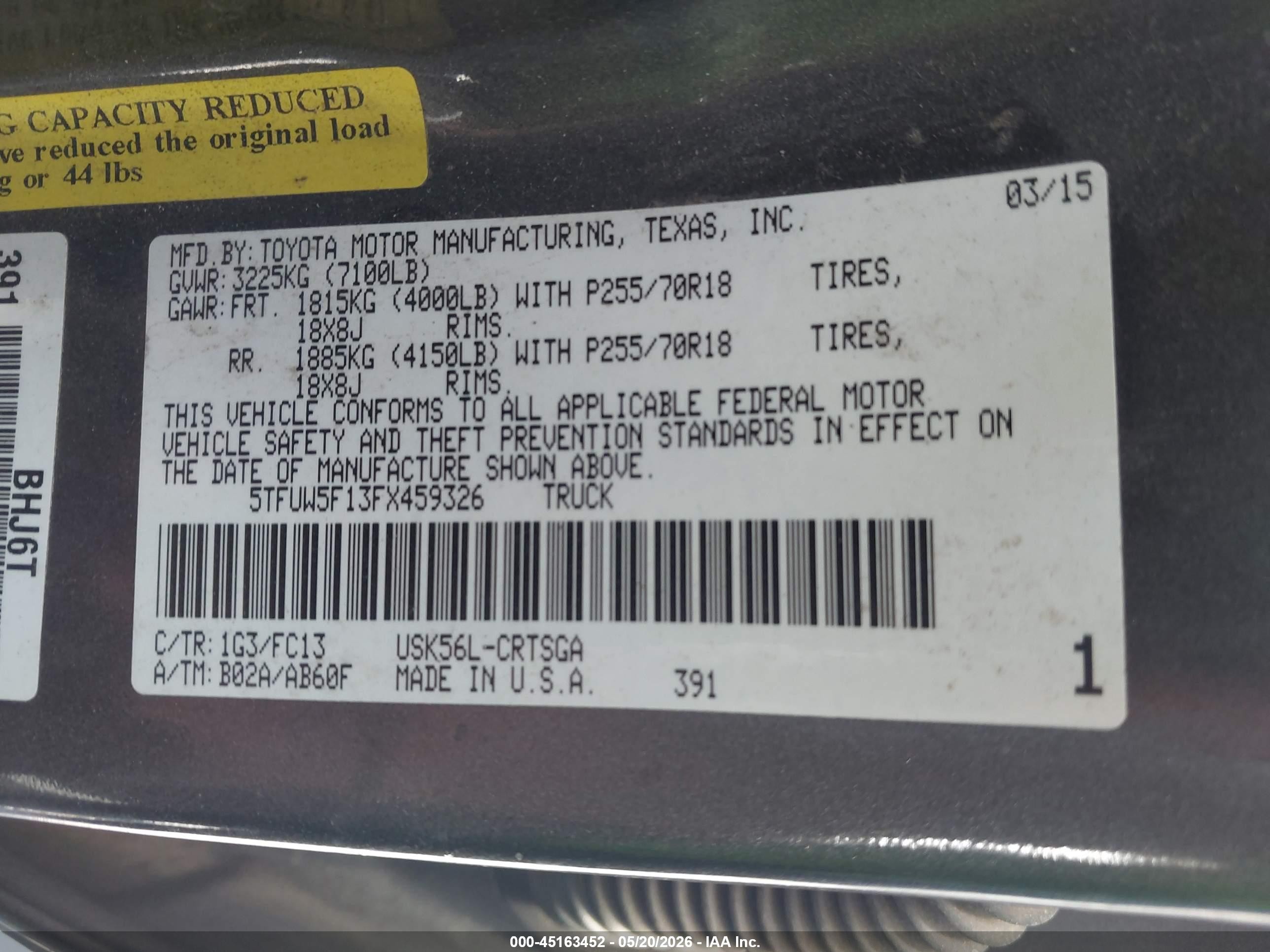 2015 Toyota Tundra Sr5 5.7l V8 Gray vin: 5TFUW5F13FX459326