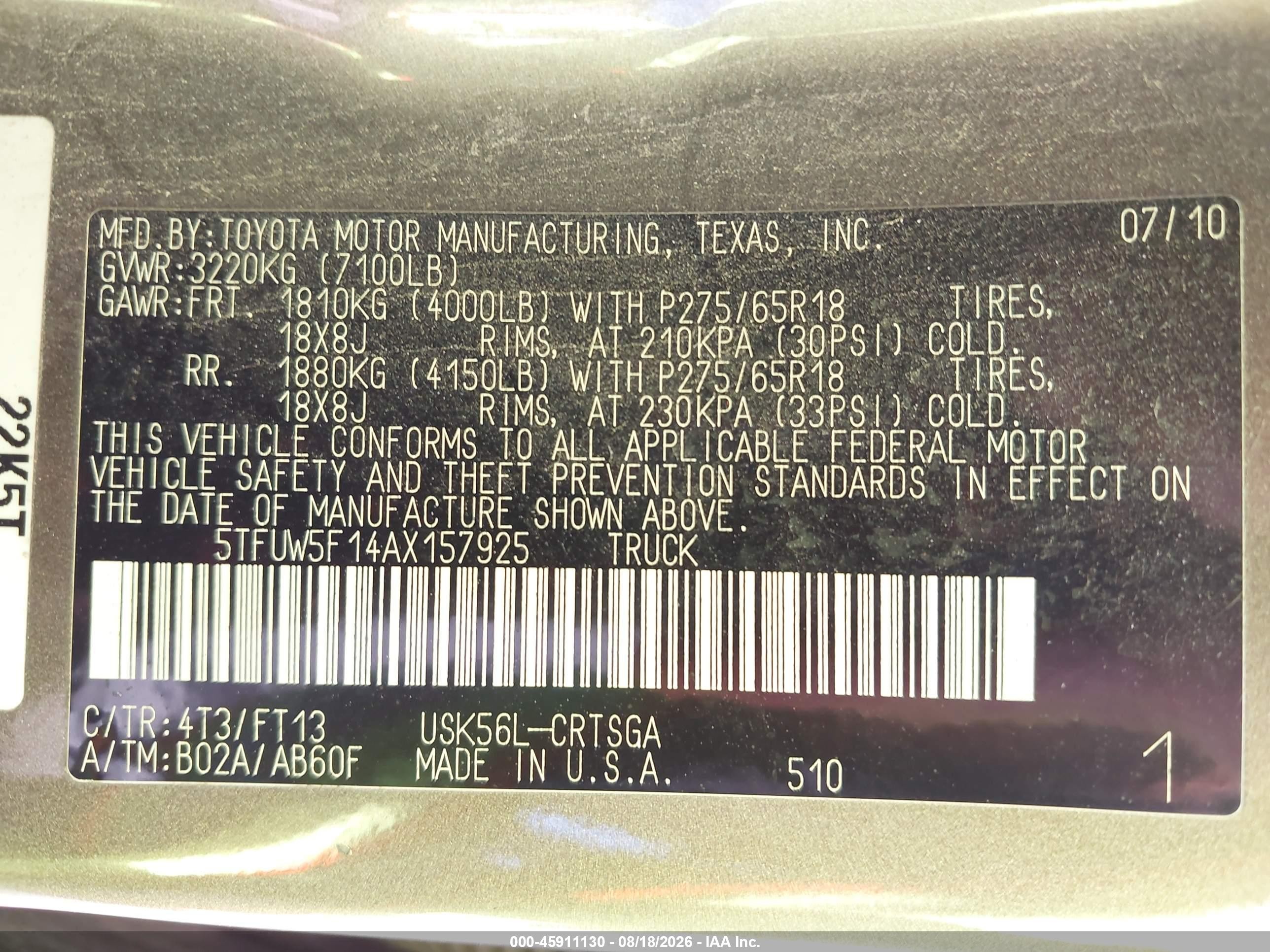 2010 Toyota Tundra Grade 5.7l V8 Brown vin: 5TFUW5F14AX157925