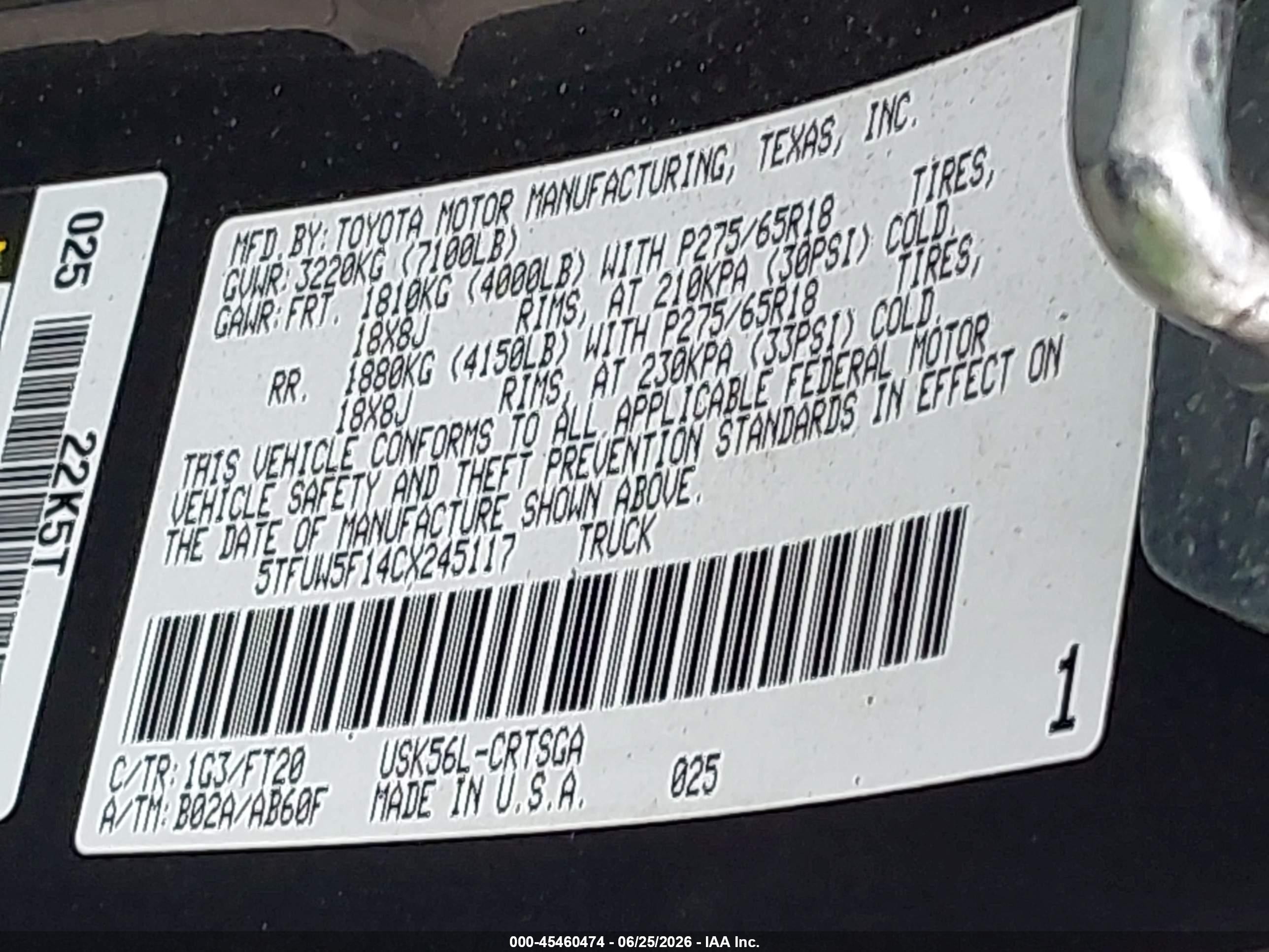 2012 Toyota Tundra Grade 5.7l V8 Gray vin: 5TFUW5F14CX245117
