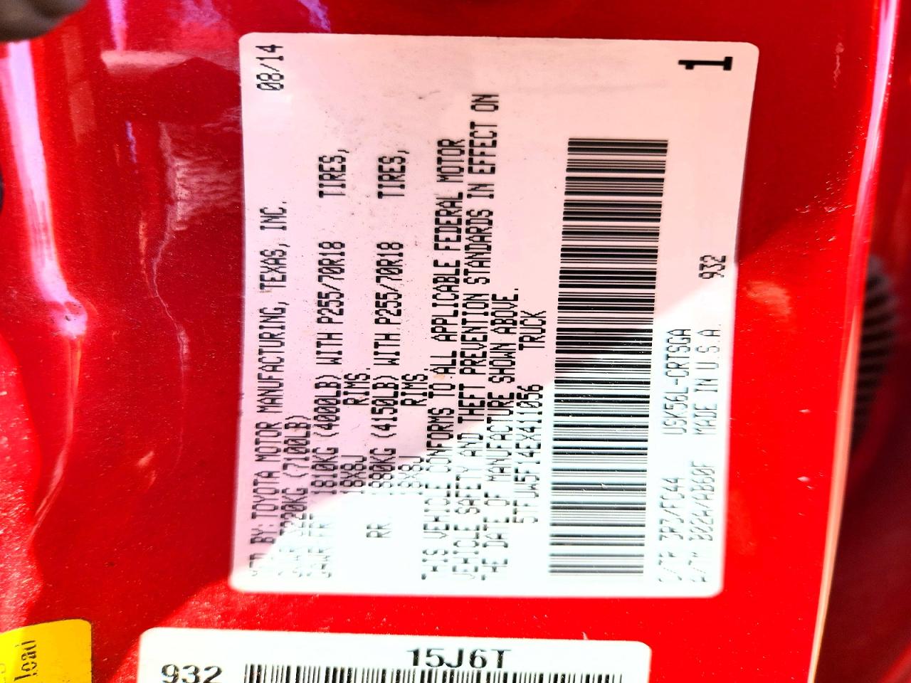 2014 Toyota Tundra Sr5 Red vin: 5TFUW5F14EX411056