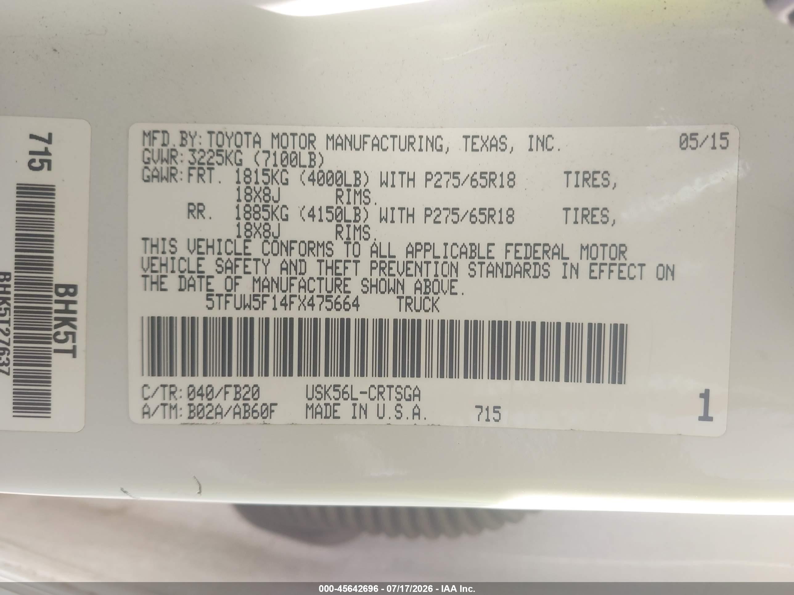 2015 Toyota Tundra Sr5 5.7l V8 White vin: 5TFUW5F14FX475664
