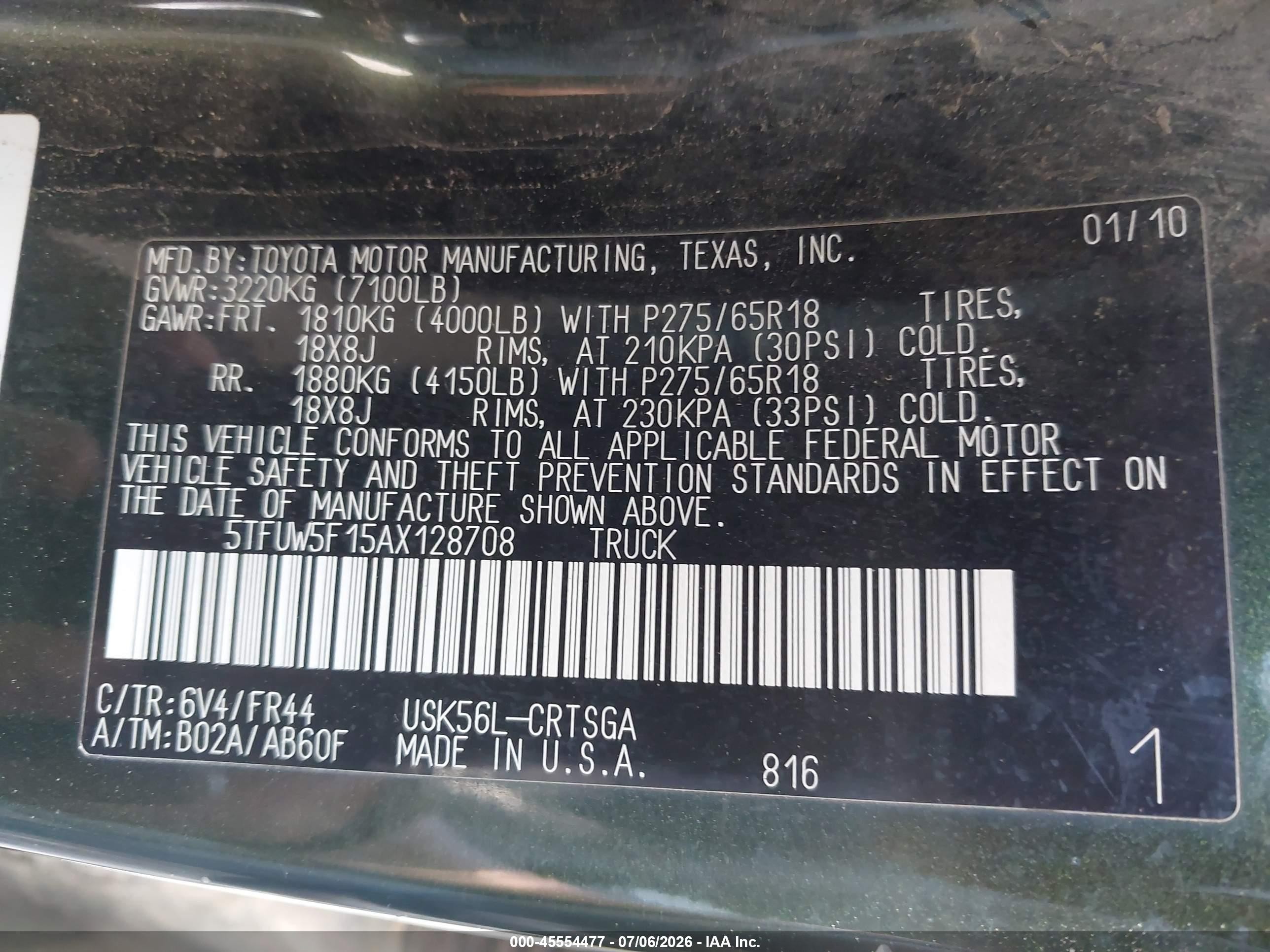 2010 Toyota Tundra Grade 5.7l V8 Green vin: 5TFUW5F15AX128708