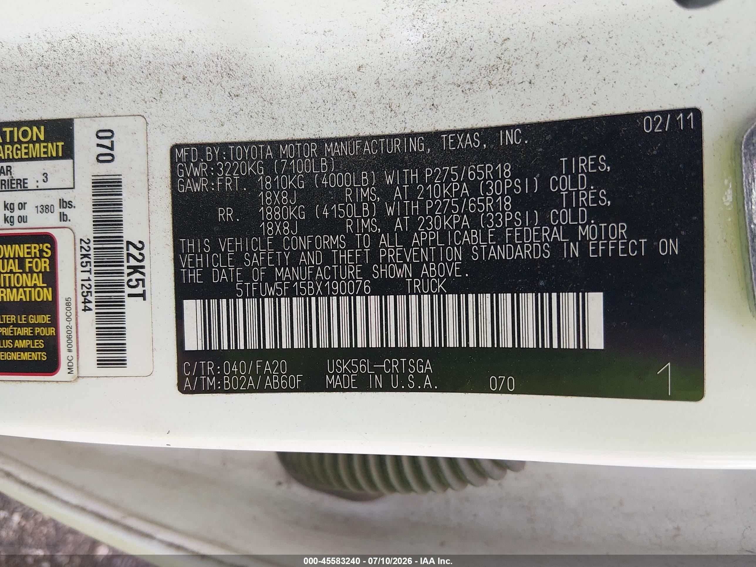 2011 Toyota Tundra Grade 5.7l V8 White vin: 5TFUW5F15BX190076