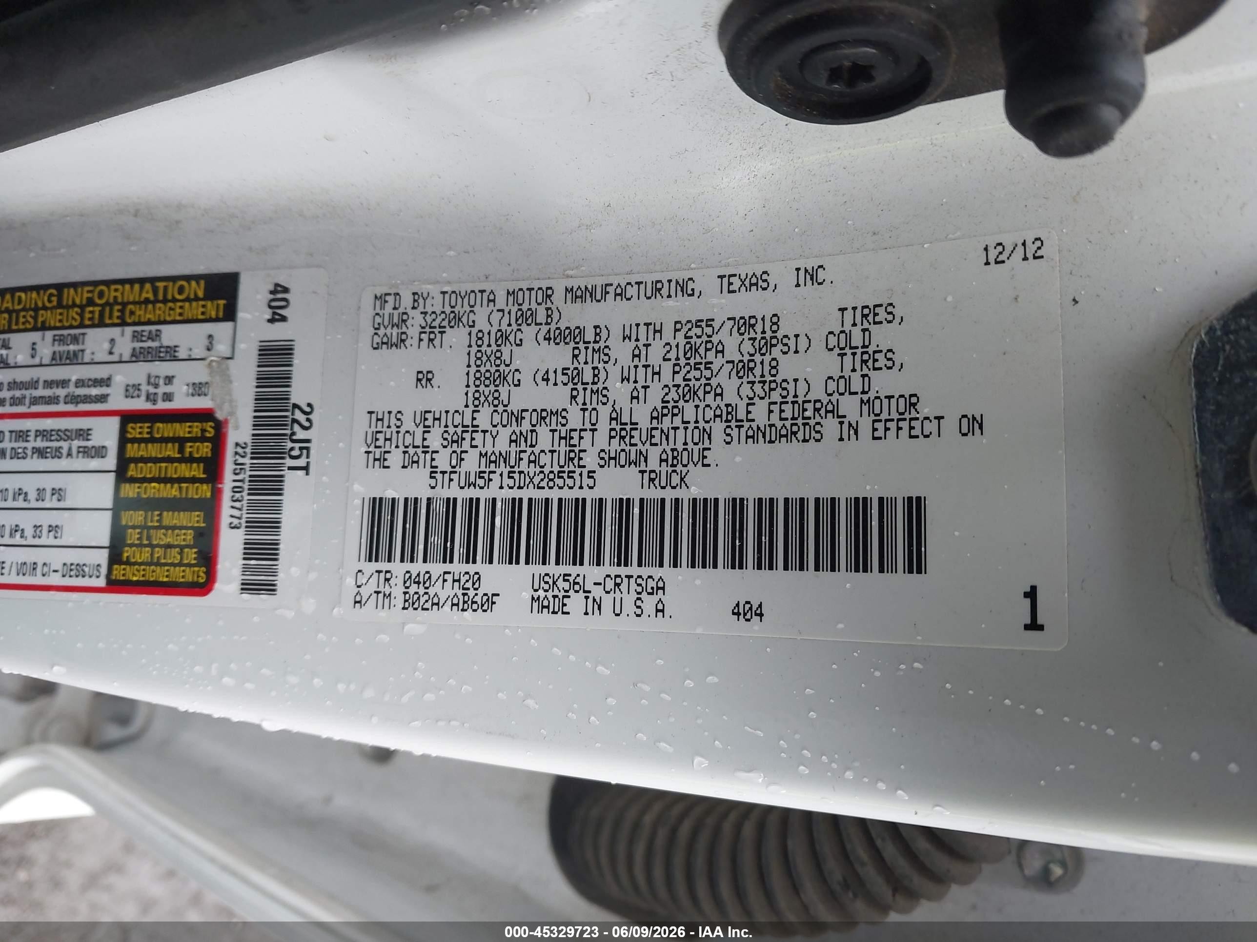2013 Toyota Tundra Grade 5.7l V8 Белый vin: 5TFUW5F15DX285515