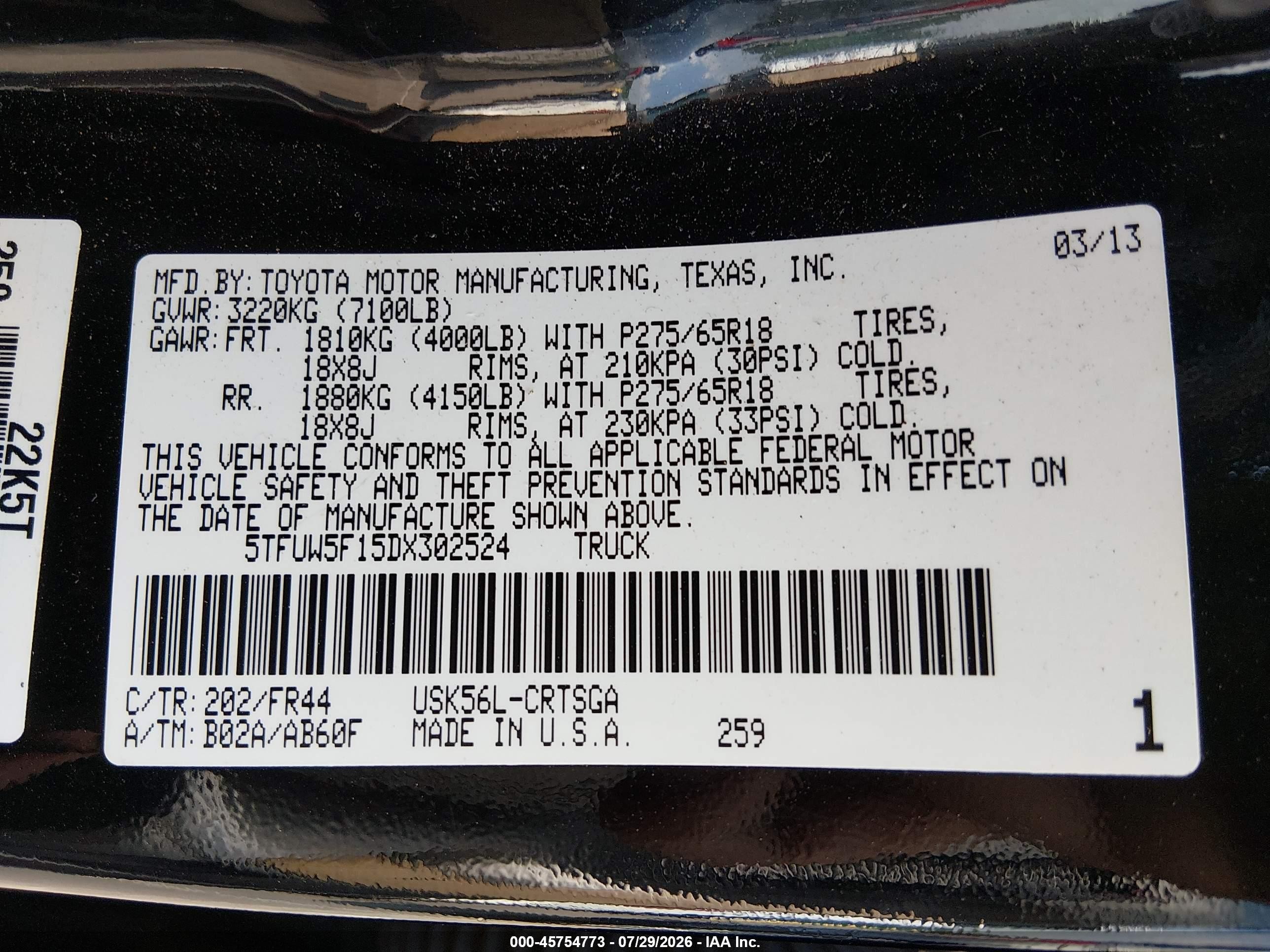 2013 Toyota Tundra Grade 5.7l V8 Black vin: 5TFUW5F15DX302524