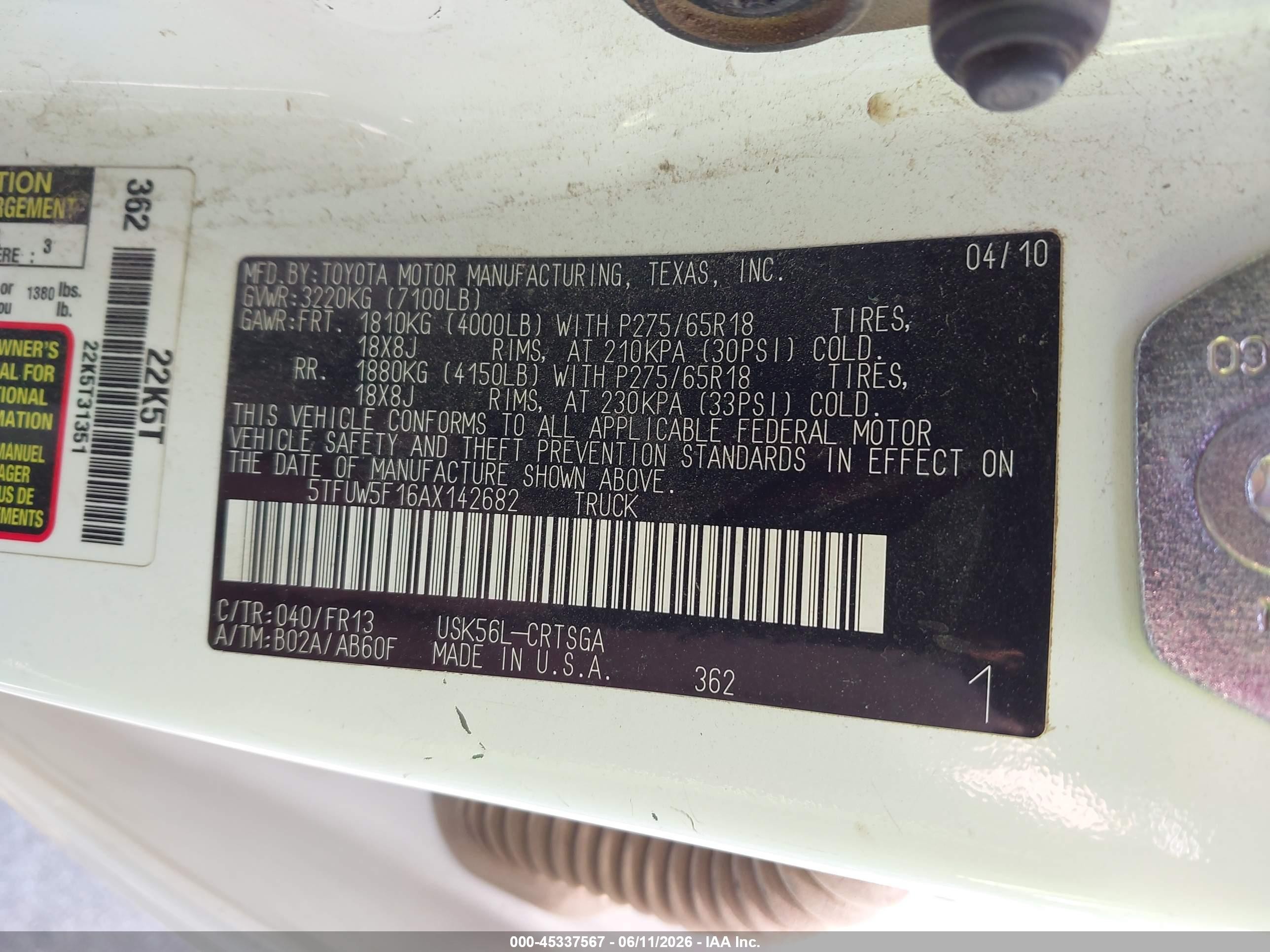 2010 Toyota Tundra Grade 5.7l V8 White vin: 5TFUW5F16AX142682