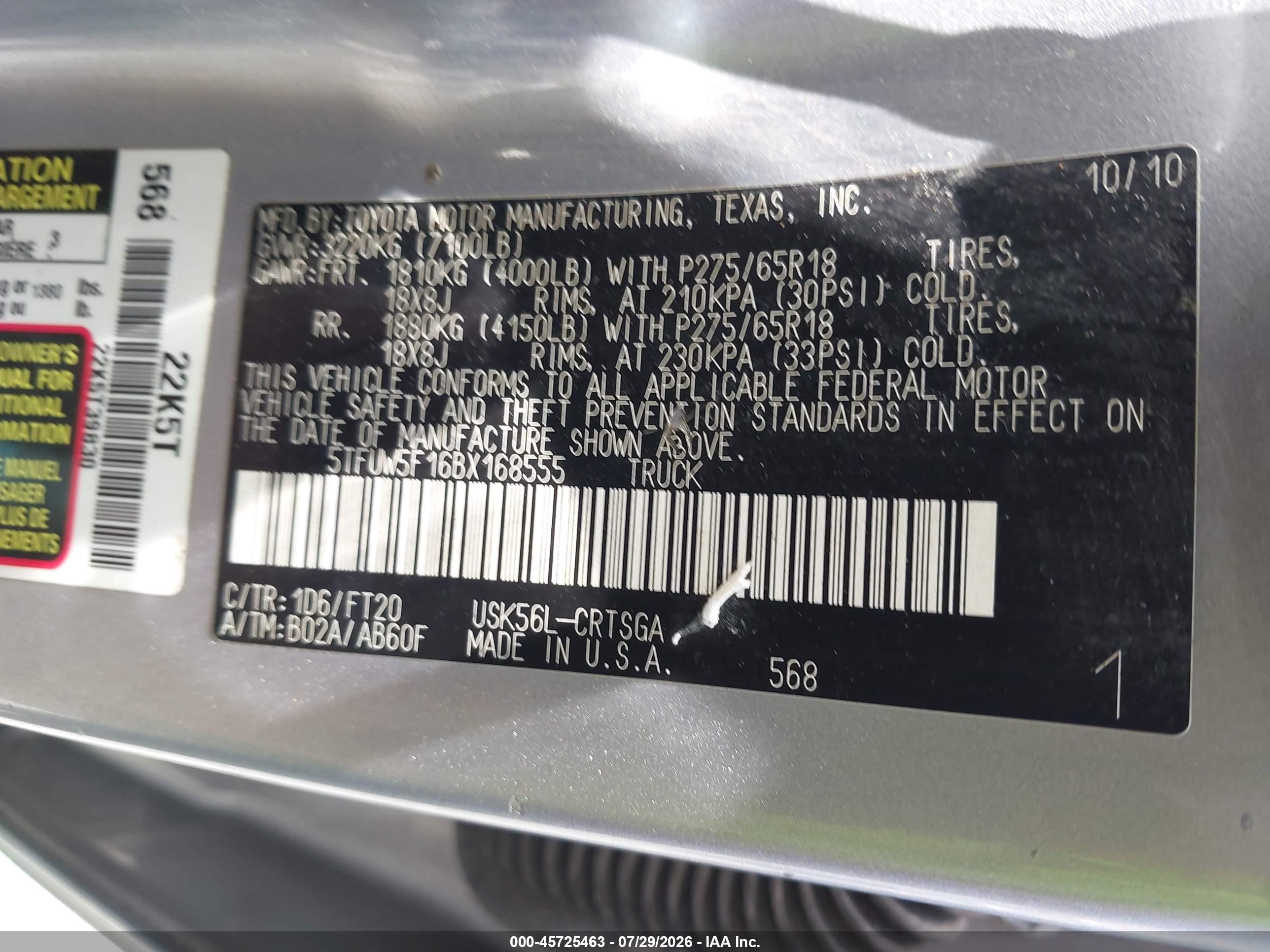 2011 Toyota Tundra Grade 5.7l V8 Silver vin: 5TFUW5F16BX168555
