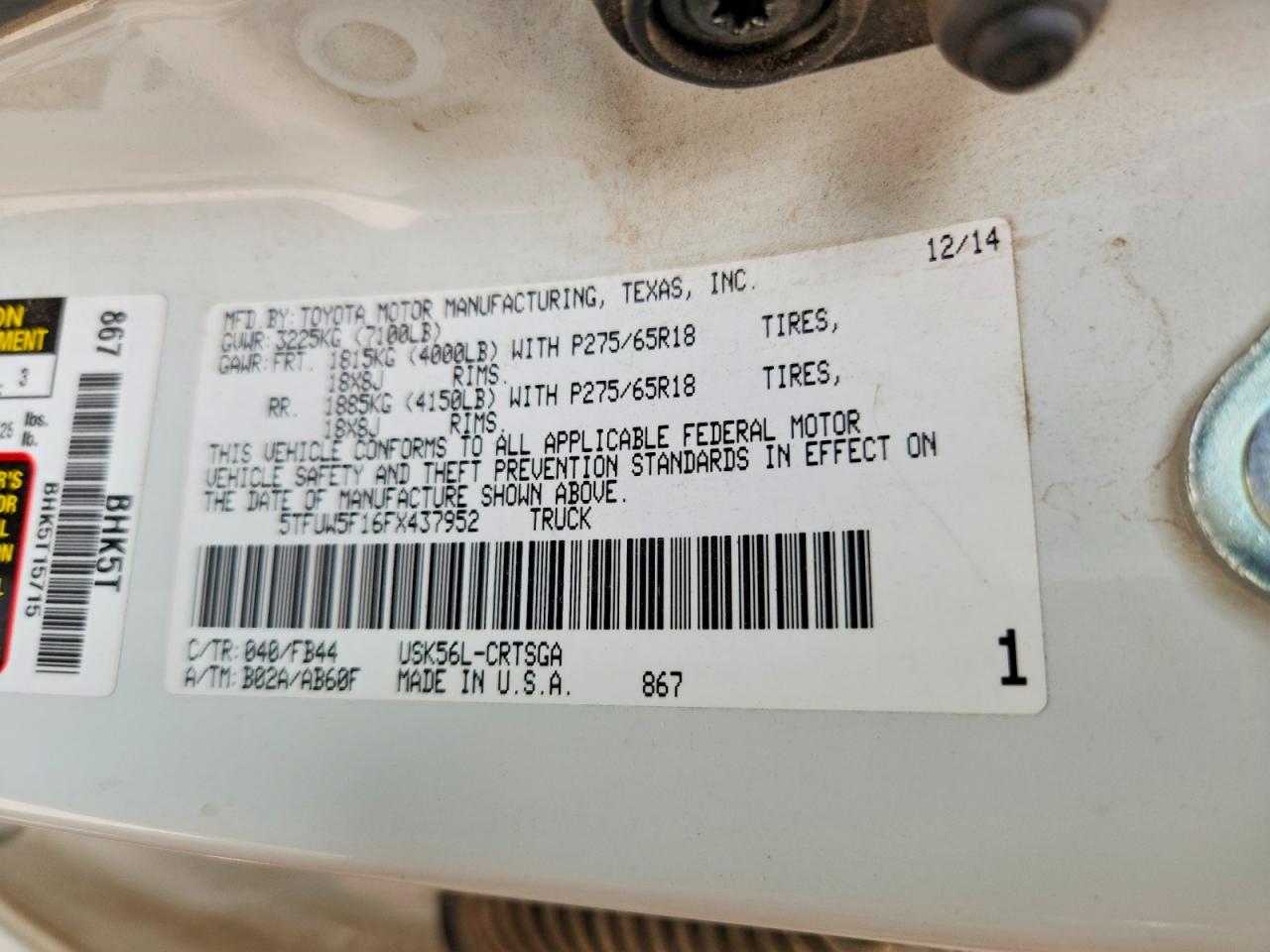 2015 Toyota Tundra Sr5 Белый vin: 5TFUW5F16FX437952
