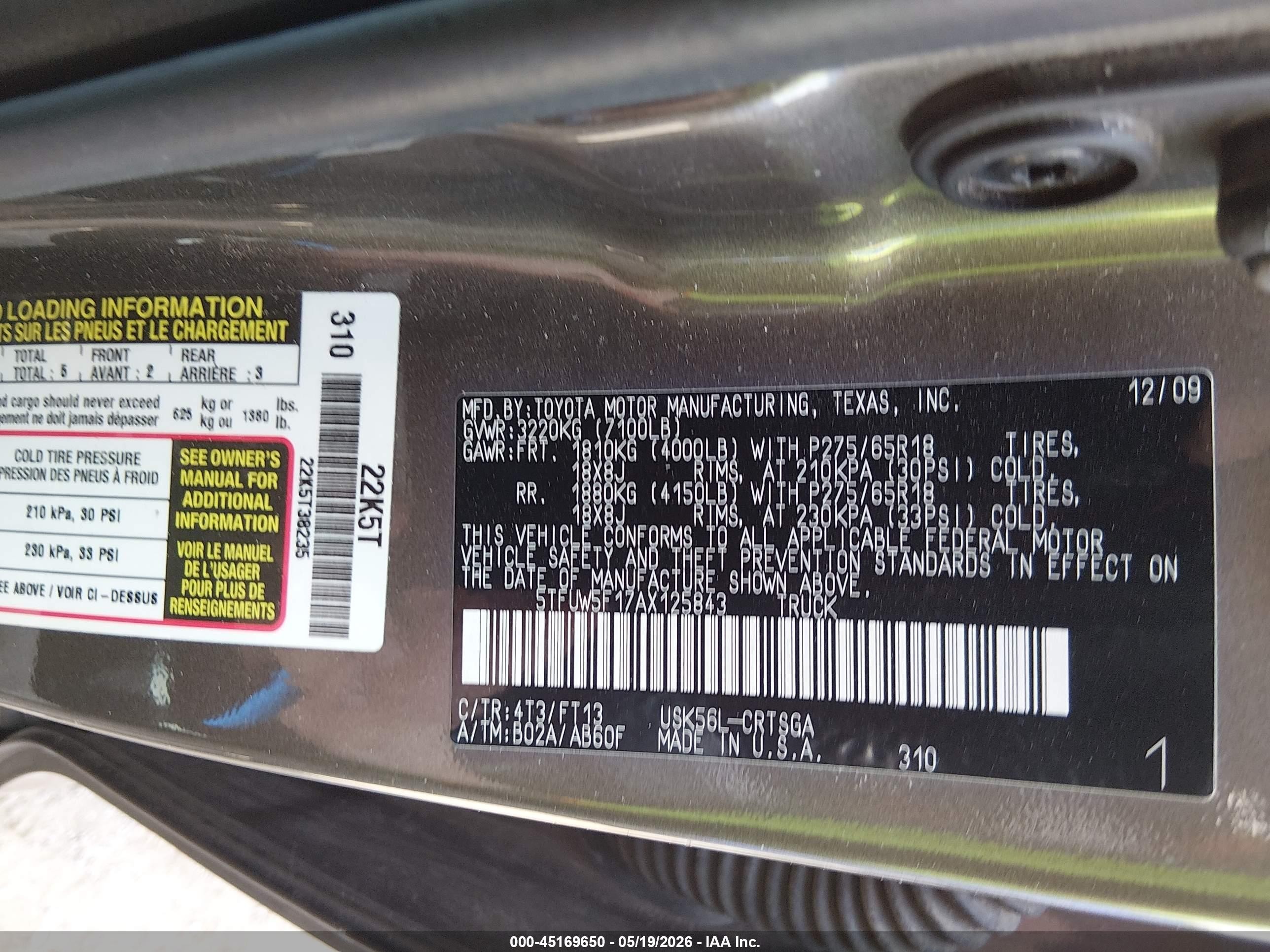 2010 Toyota Tundra Grade 5.7l V8 Gold vin: 5TFUW5F17AX125843