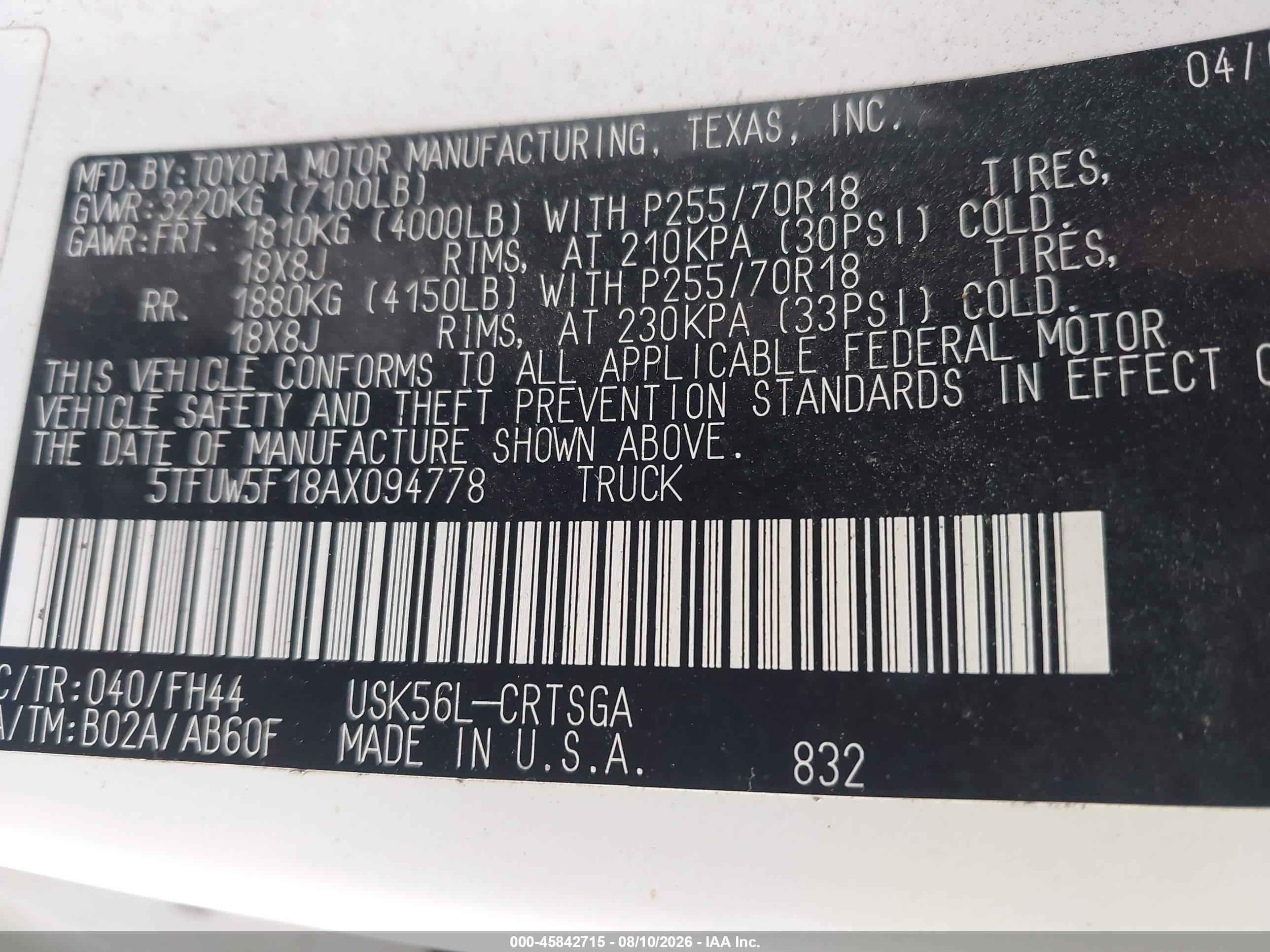 2010 Toyota Tundra Grade 5.7l V8 White vin: 5TFUW5F18AX094778