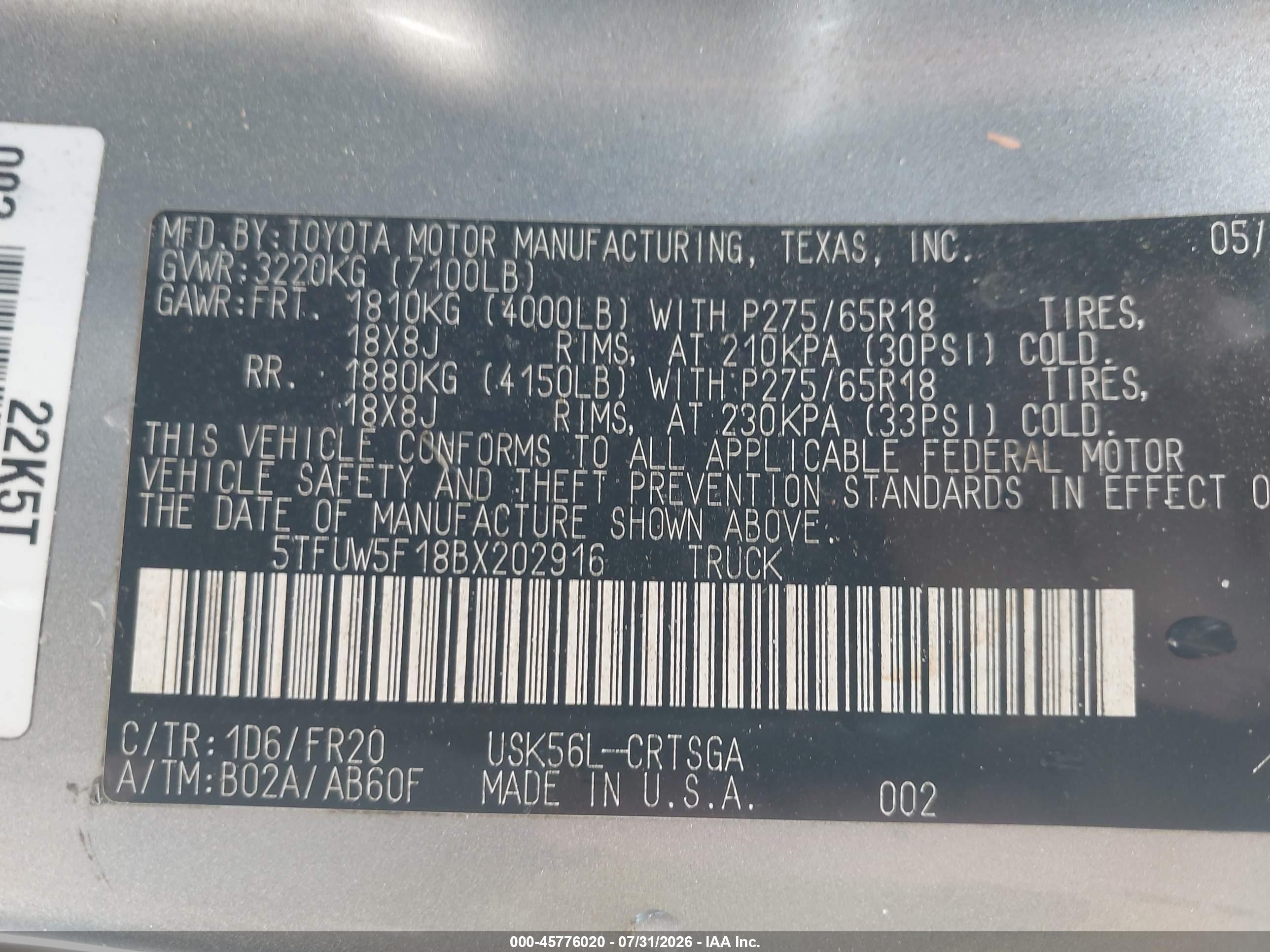 2011 Toyota Tundra Grade 5.7l V8 Gray vin: 5TFUW5F18BX202916