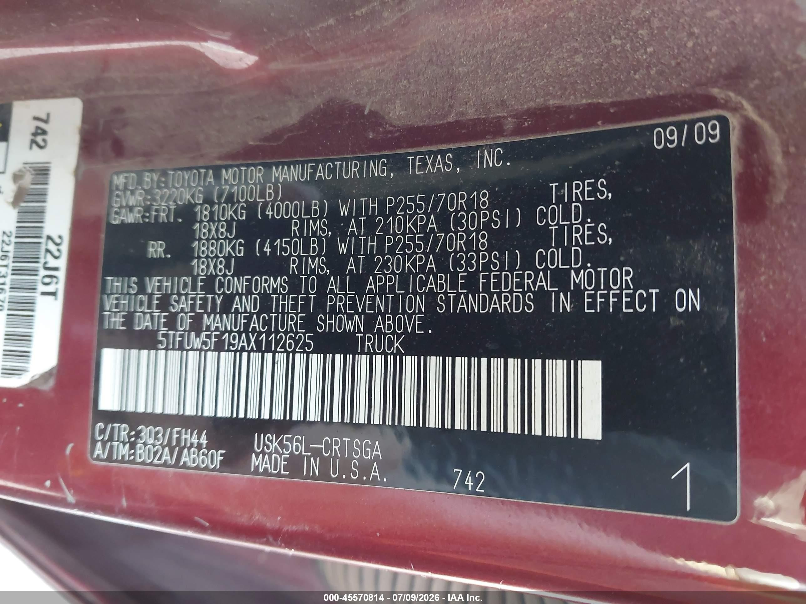 2010 Toyota Tundra Grade 5.7l V8 Red vin: 5TFUW5F19AX112625