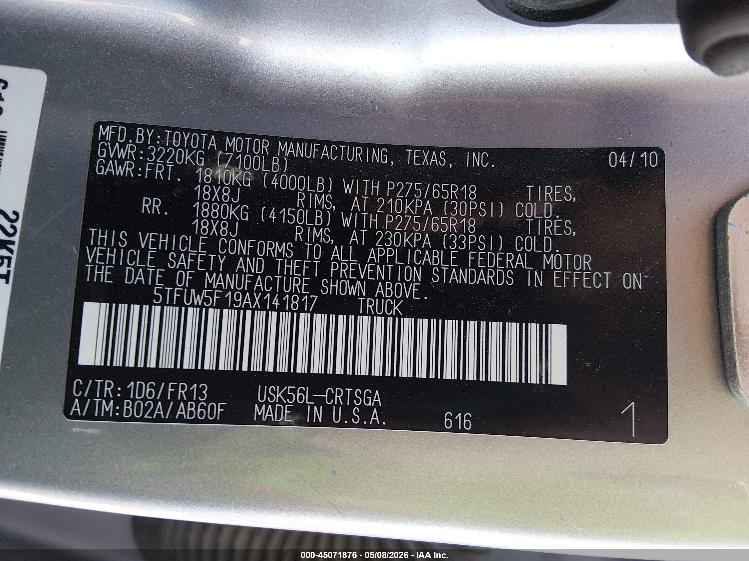 2010 Toyota Tundra Grade 5.7l V8 Серебряный vin: 5TFUW5F19AX141817