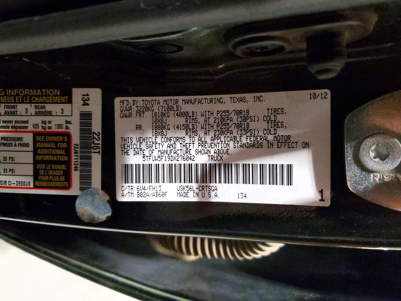 2013 Toyota Tundra Grade Green vin: 5TFUW5F19DX276042