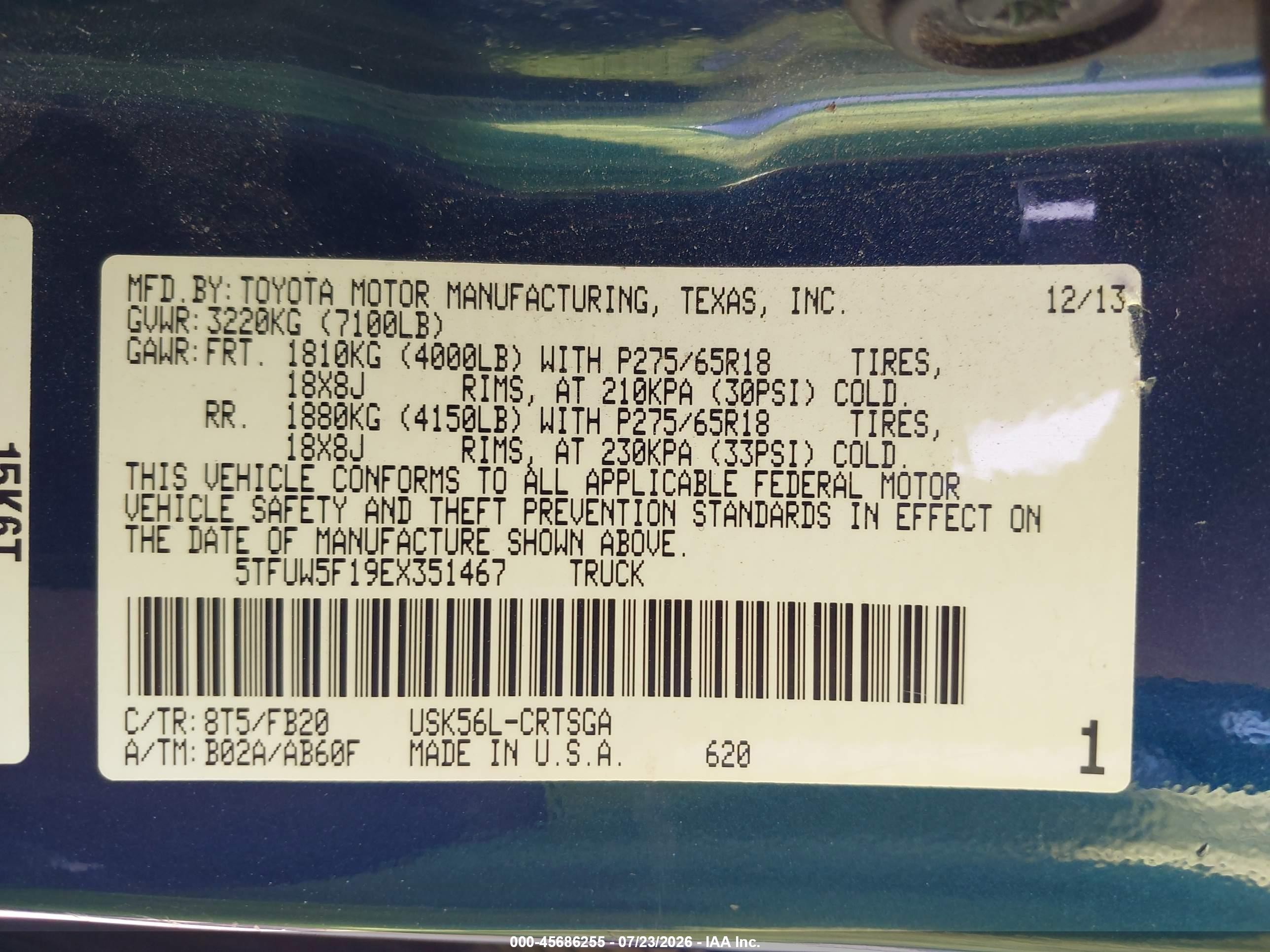 2014 Toyota Tundra Double Cab Sr/double Cab Sr5 Blue vin: 5TFUW5F19EX351467