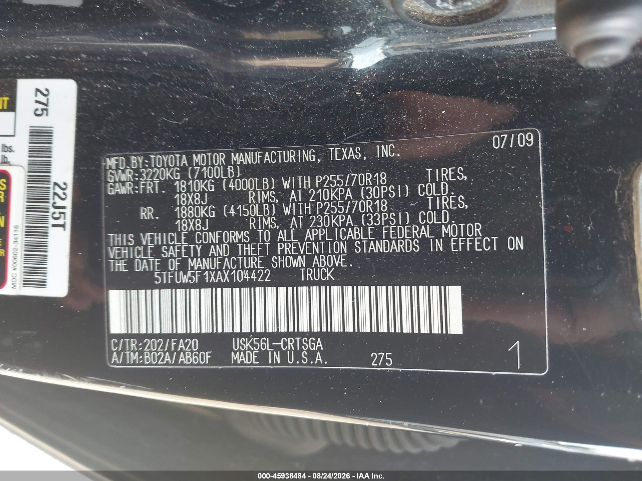2010 Toyota Tundra Grade 5.7l V8 Black vin: 5TFUW5F1XAX104422