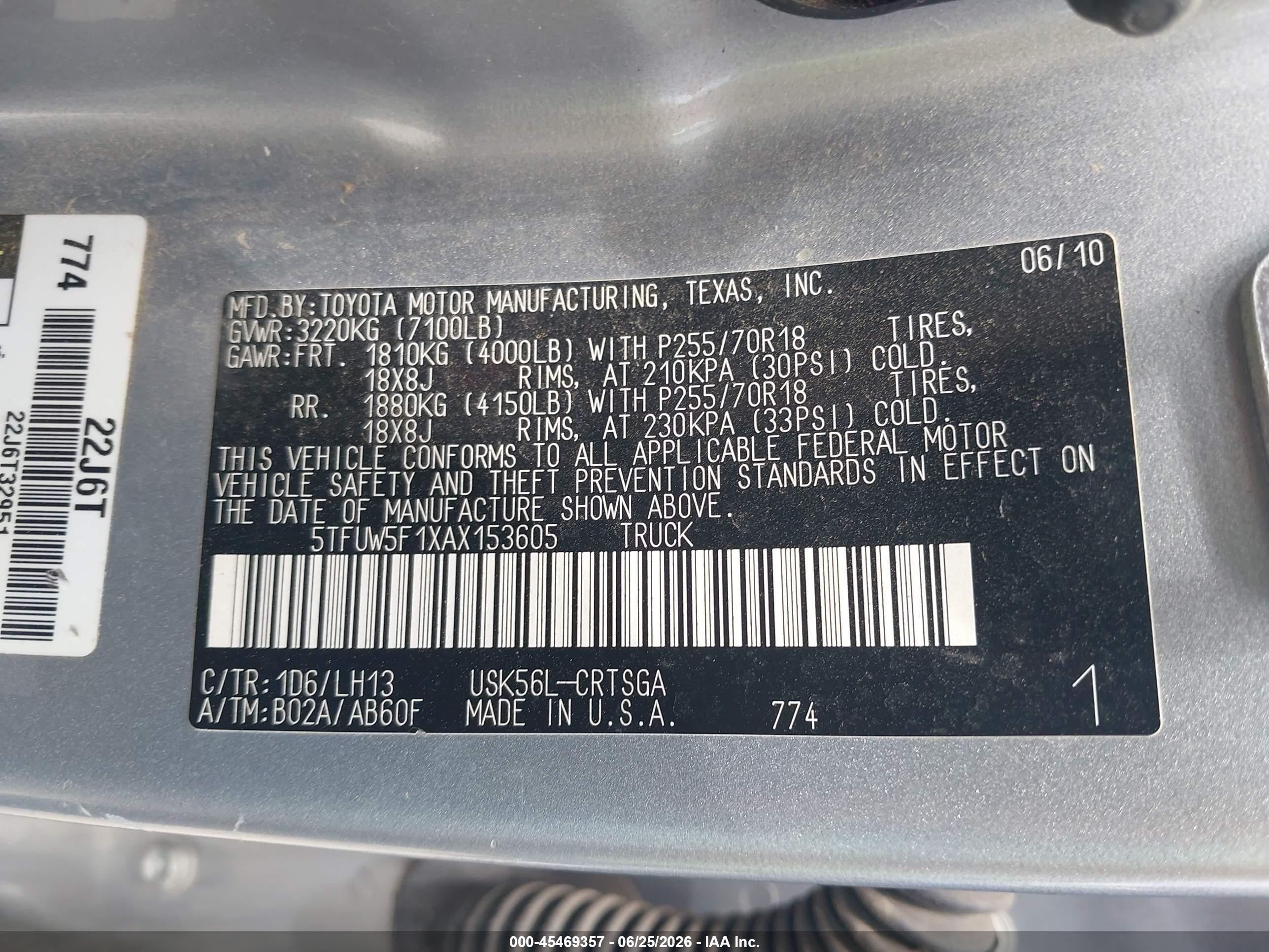 2010 Toyota Tundra Grade 5.7l V8 Silver vin: 5TFUW5F1XAX153605