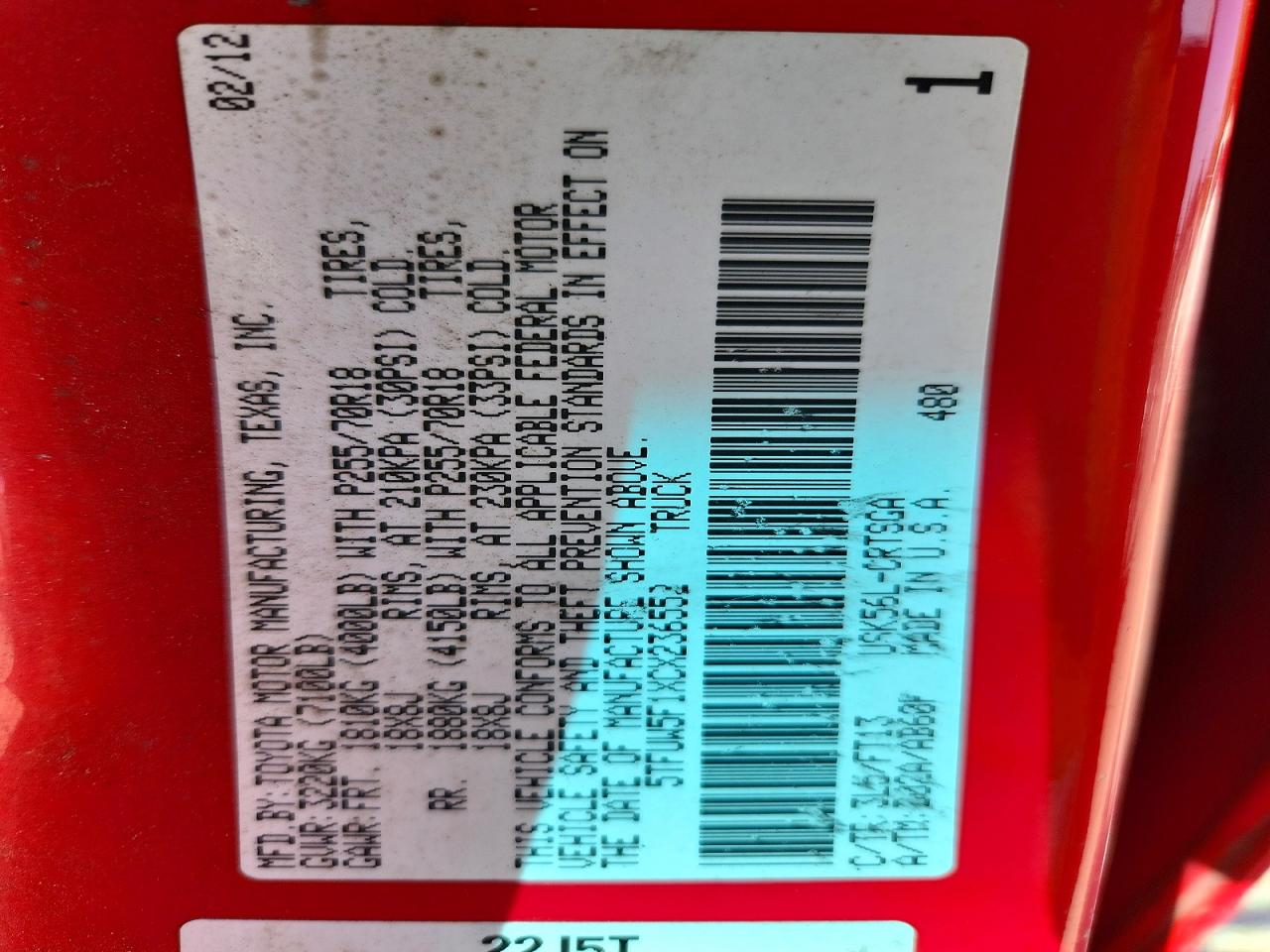 2012 Toyota Tundra Double Cab Sr5 Red vin: 5TFUW5F1XCX236552