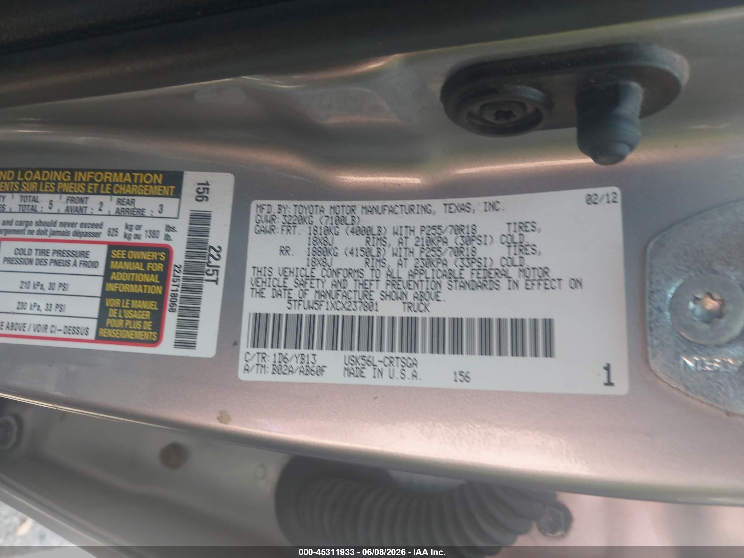 2012 Toyota Tundra Grade 5.7l V8 Gray vin: 5TFUW5F1XCX237801