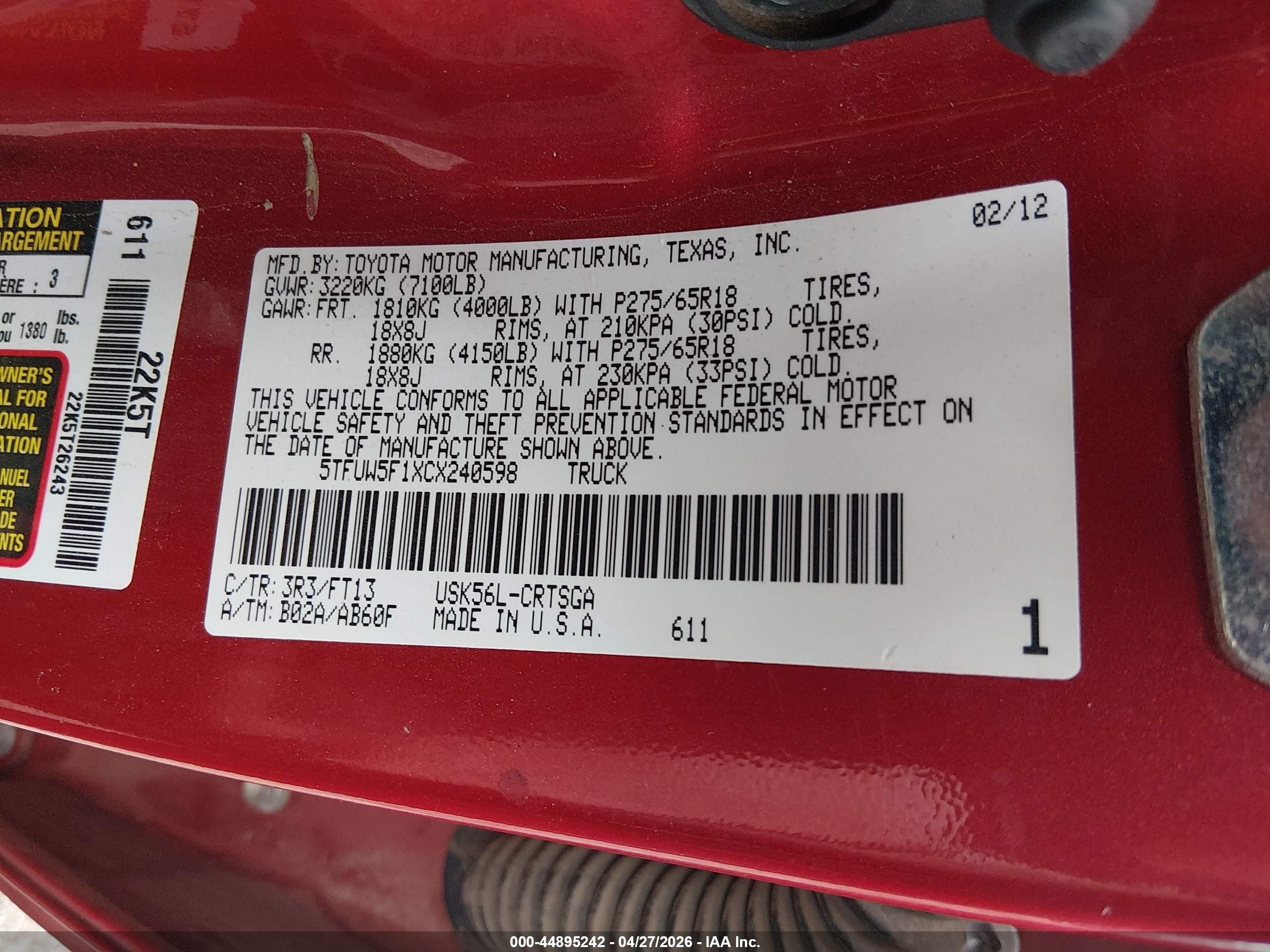 2012 Toyota Tundra Grade 5.7l V8 Красный vin: 5TFUW5F1XCX240598