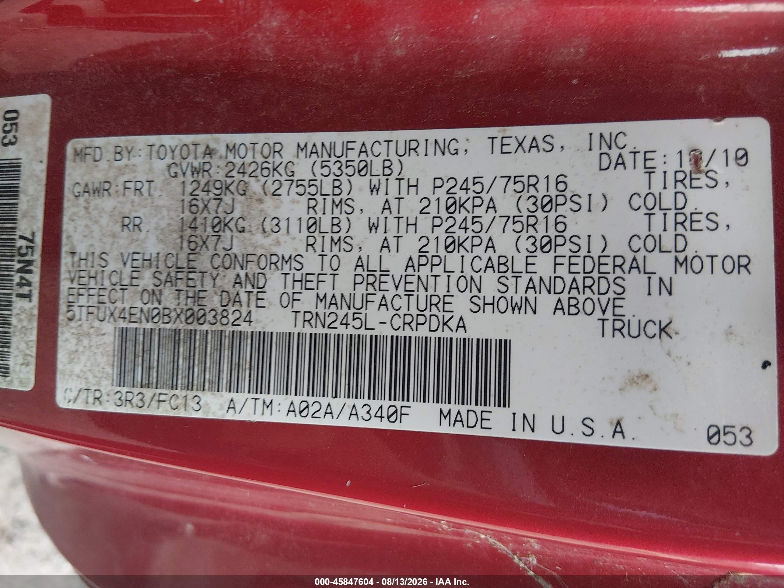2011 Toyota Tacoma   Red vin: 5TFUX4EN0BX003824