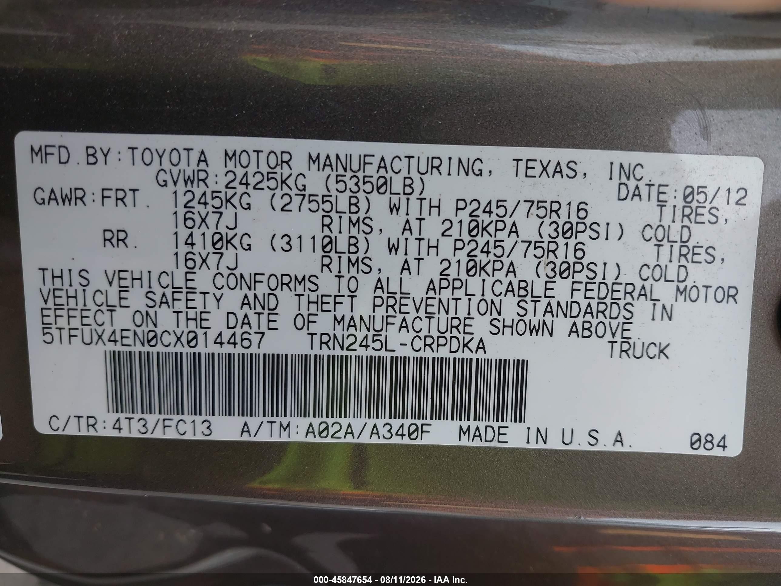 2012 Toyota Tacoma   Brown vin: 5TFUX4EN0CX014467
