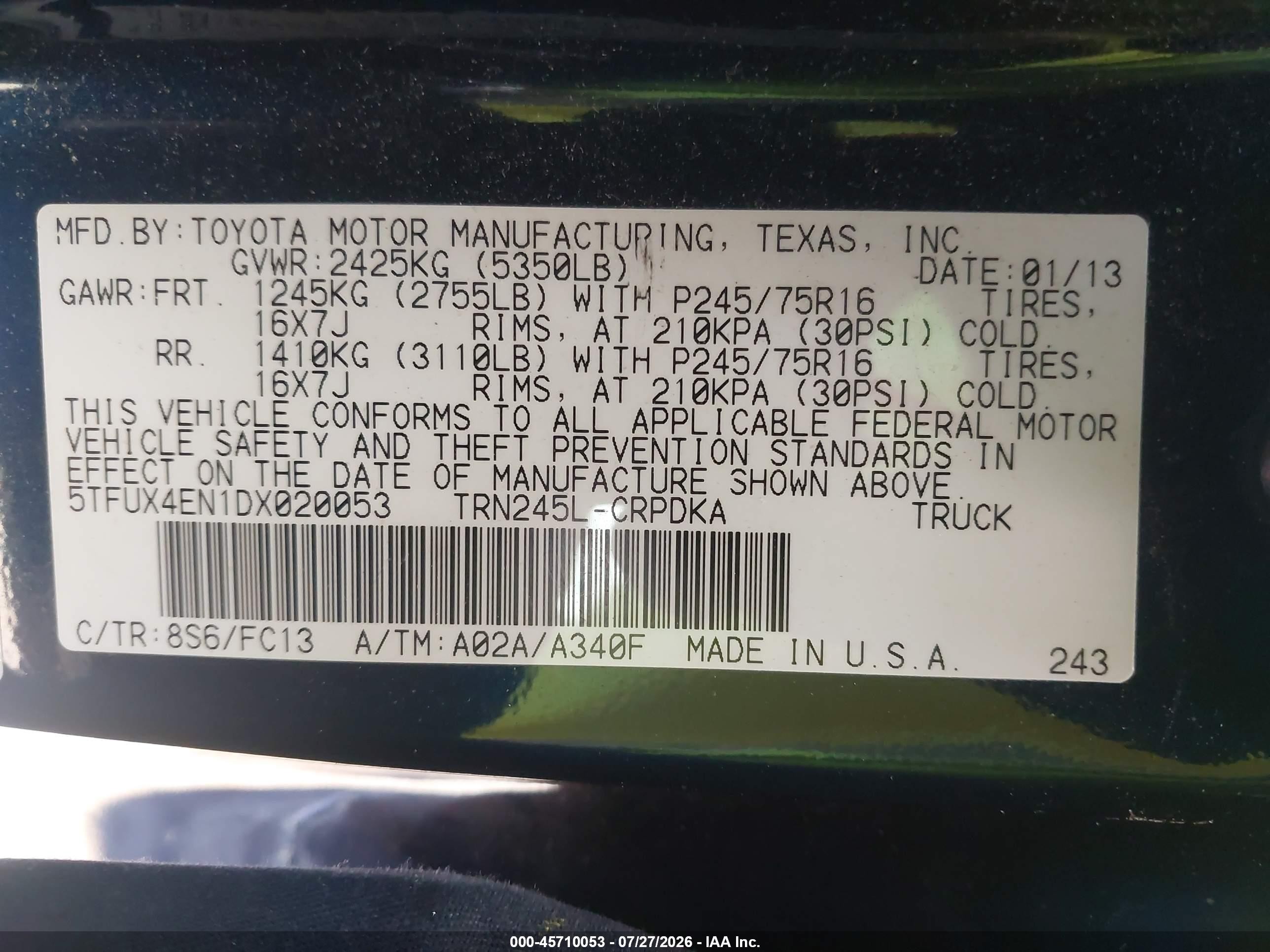 2013 Toyota Tacoma Dark Blue vin: 5TFUX4EN1DX020053