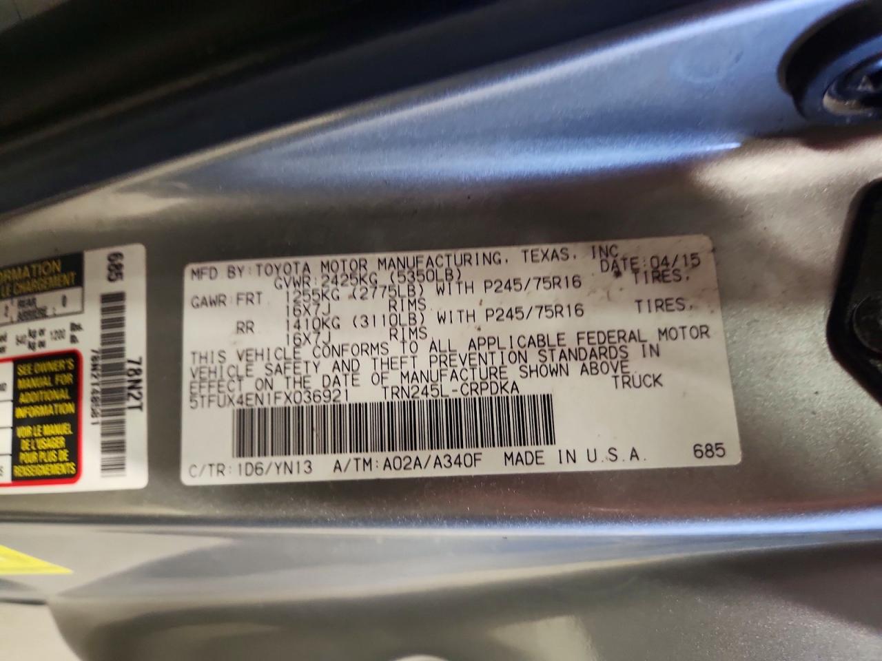 2015 Toyota Tacoma Base Silver vin: 5TFUX4EN1FX036921