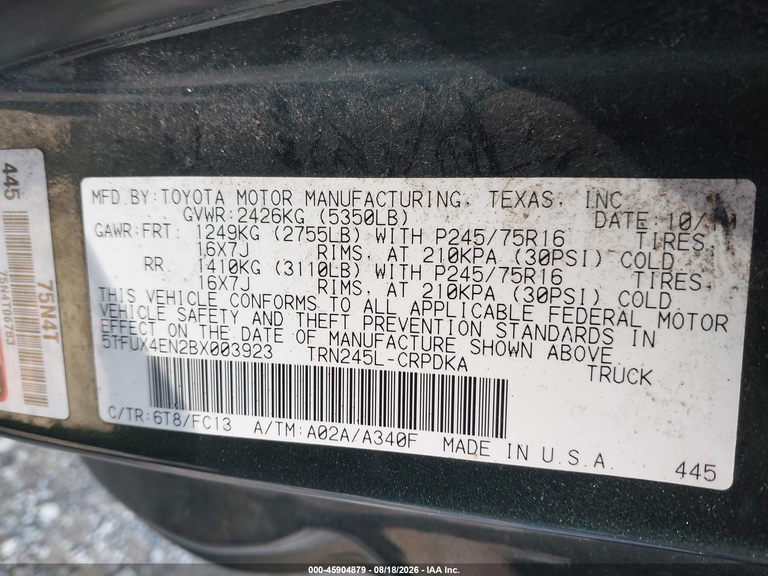 2011 Toyota Tacoma   Green vin: 5TFUX4EN2BX003923