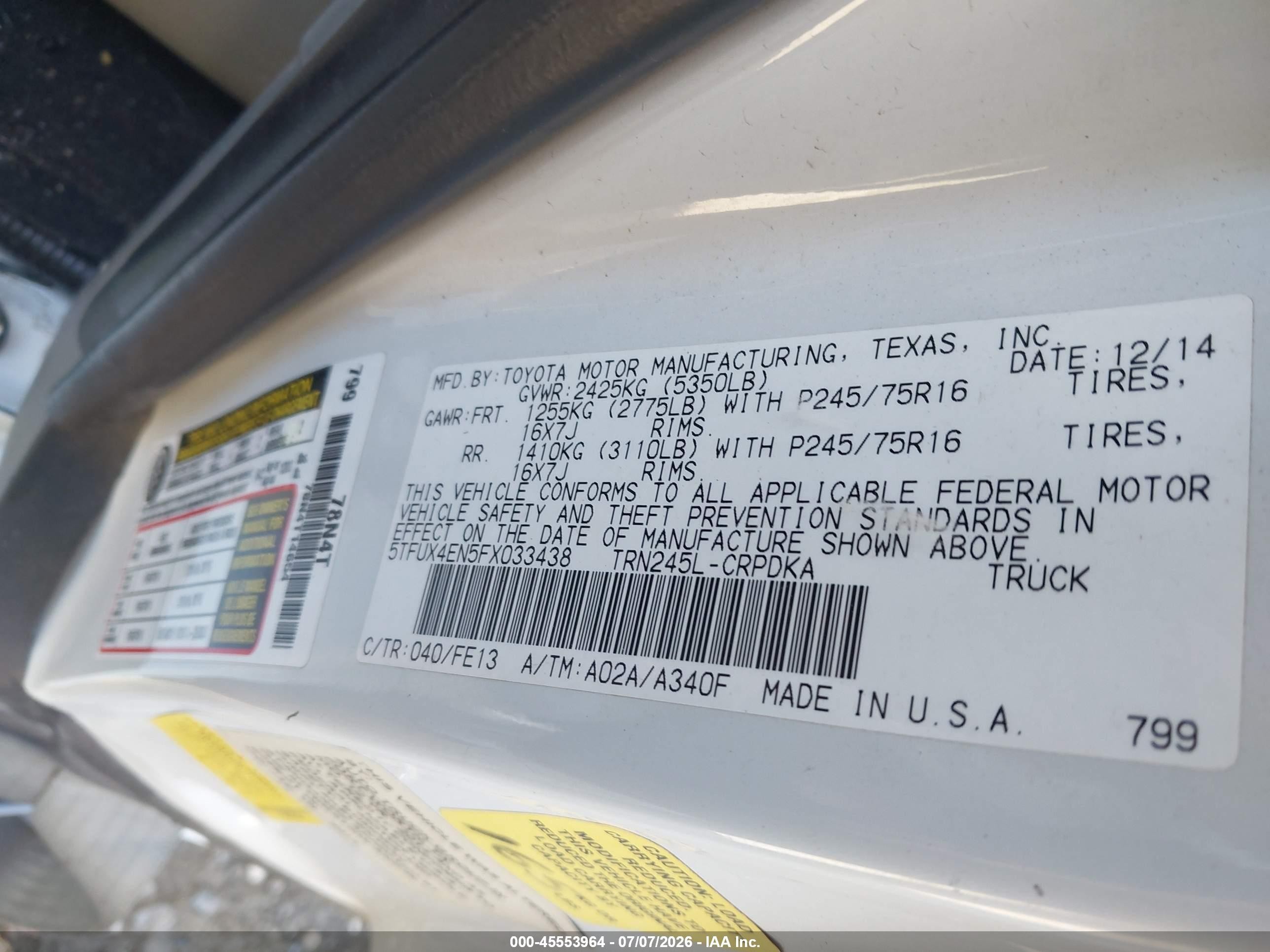 2015 Toyota Tacoma   White vin: 5TFUX4EN5FX033438