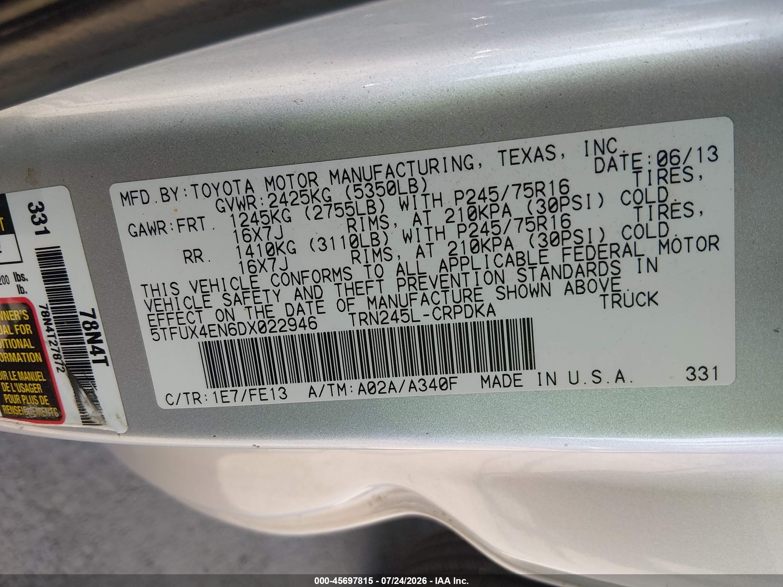 2013 Toyota Tacoma   Gray vin: 5TFUX4EN6DX022946