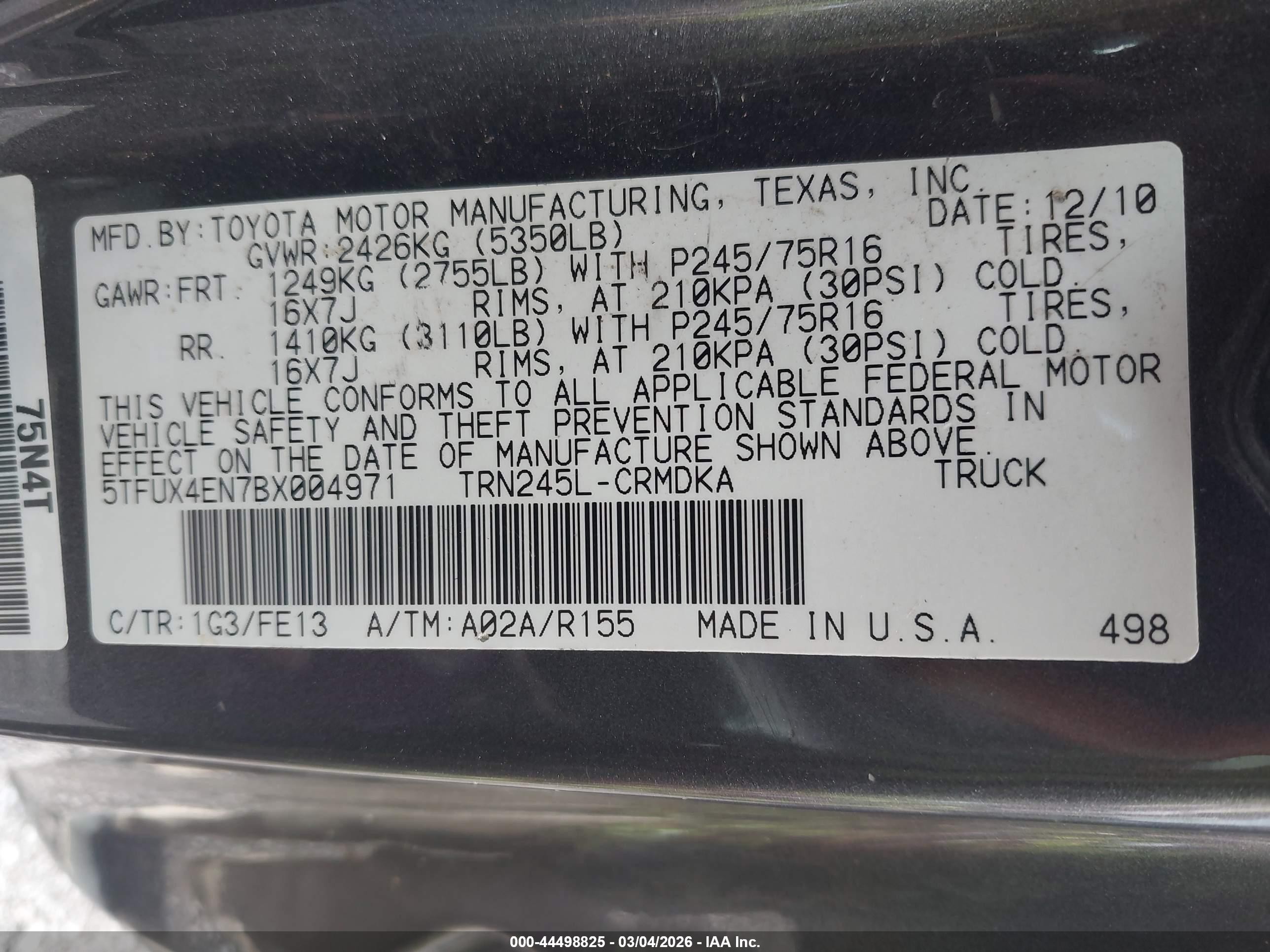 2011 Toyota Tacoma   Gray vin: 5TFUX4EN7BX004971