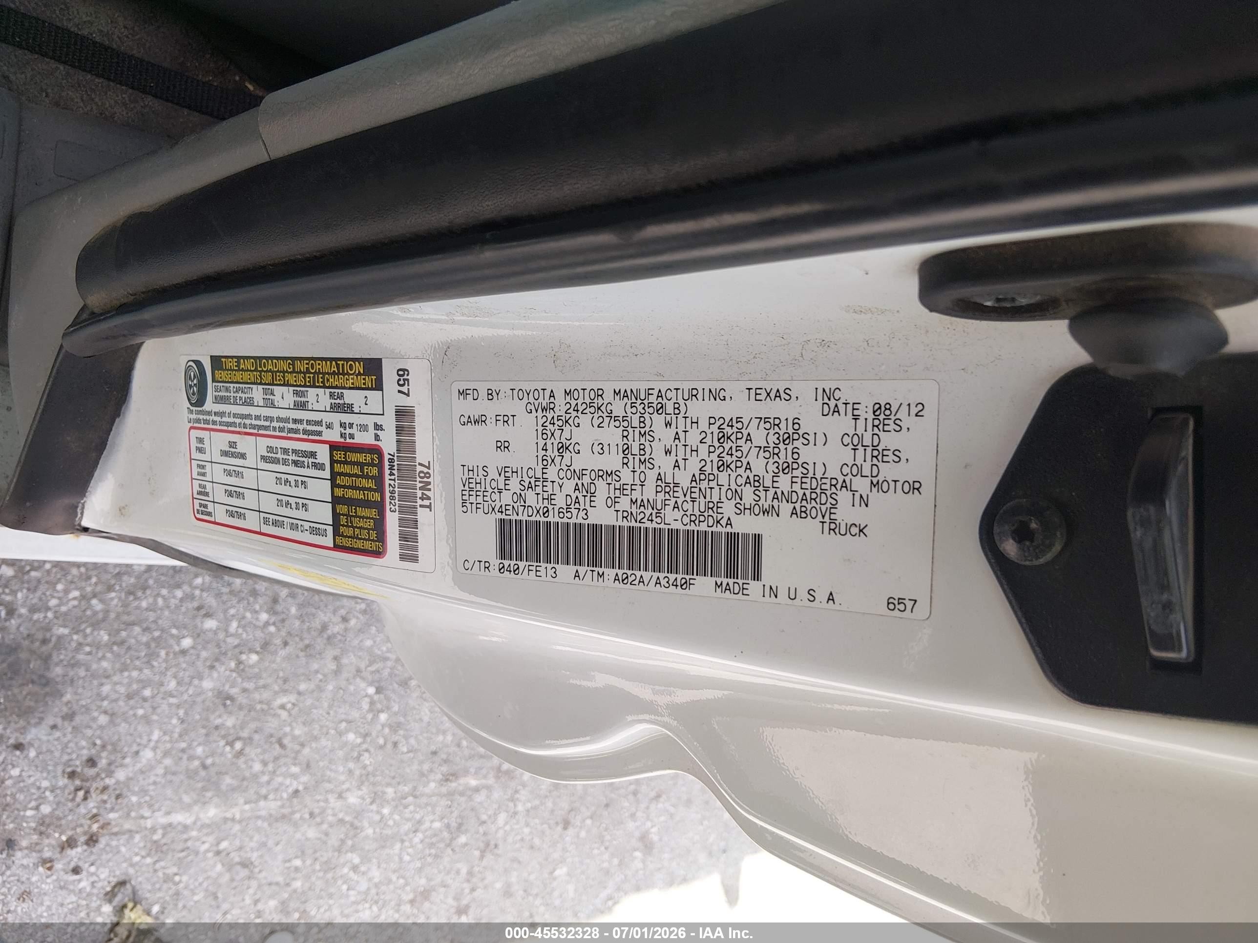 2013 Toyota Tacoma   White vin: 5TFUX4EN7DX016573
