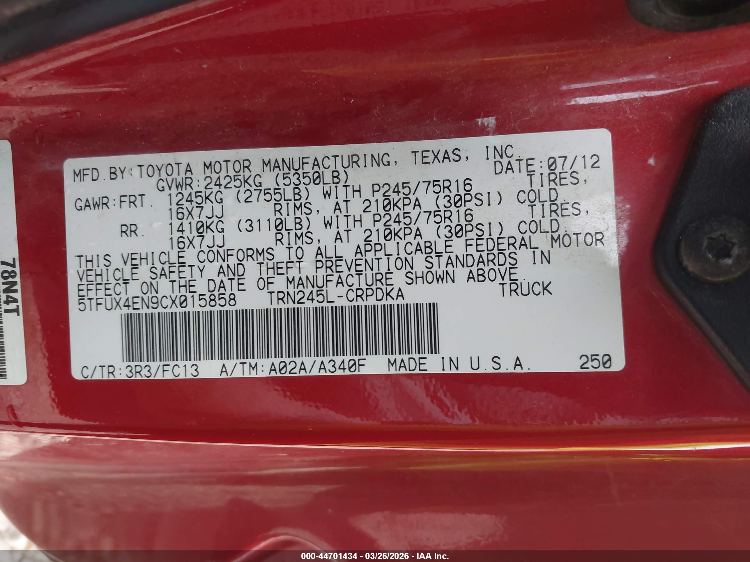 2012 Toyota Tacoma   Red vin: 5TFUX4EN9CX015858
