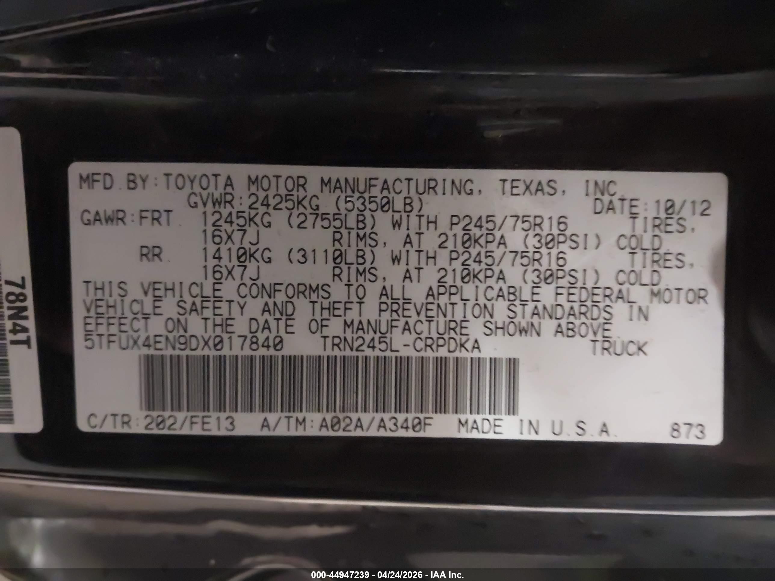 2013 Toyota Tacoma   Black vin: 5TFUX4EN9DX017840