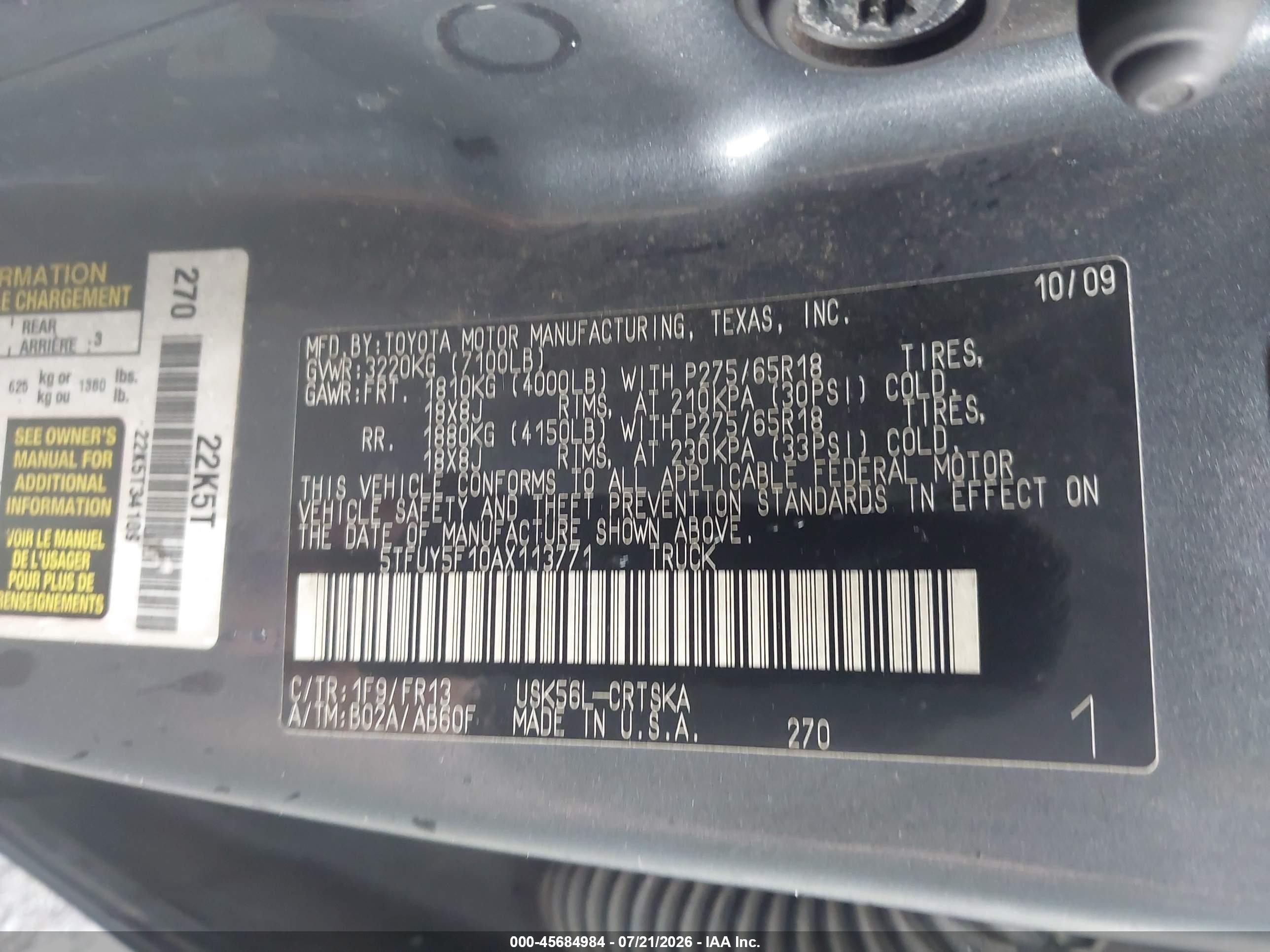 2010 Toyota Tundra Grade 5.7l V8 Gray vin: 5TFUY5F10AX113771
