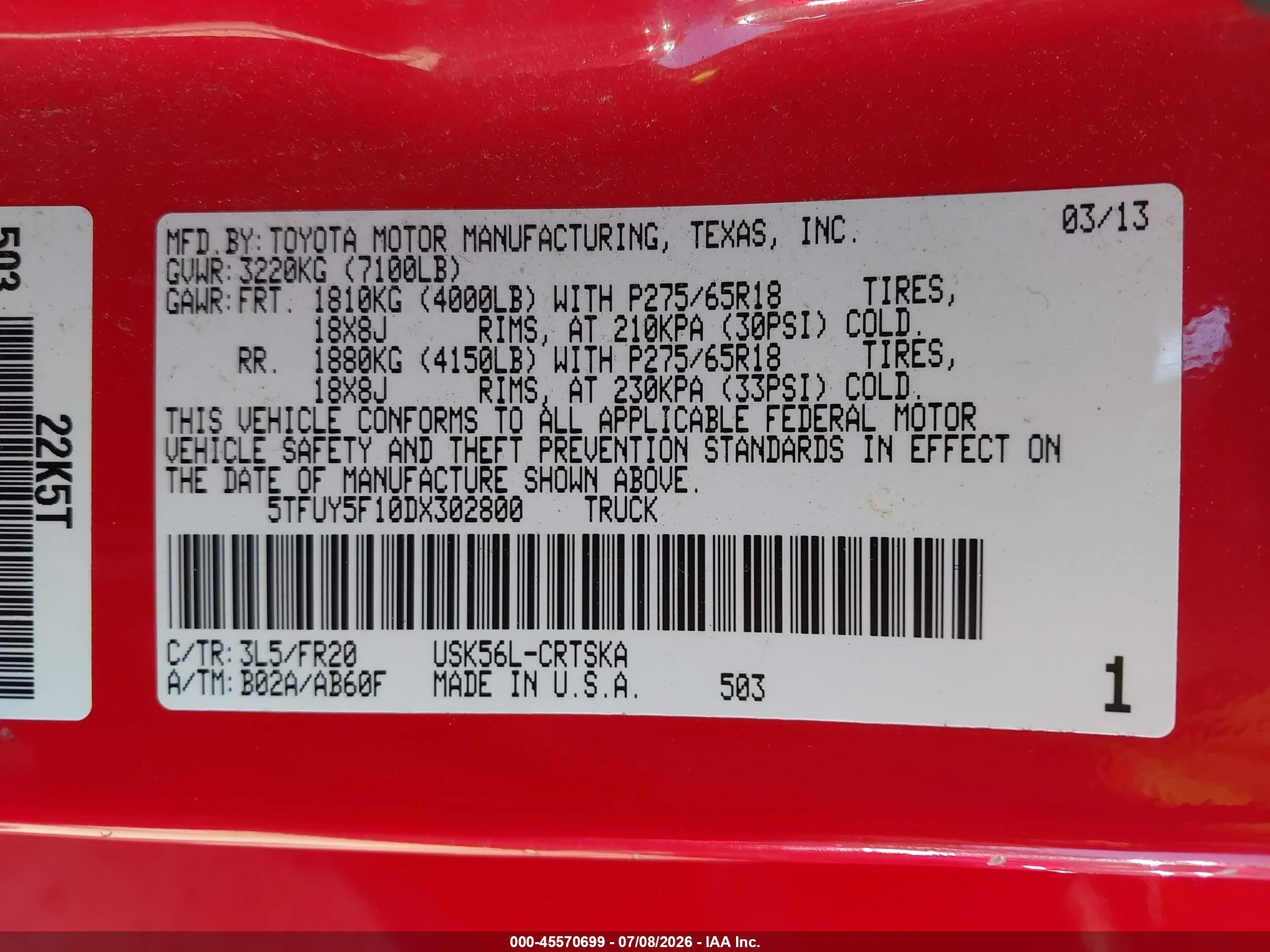 2013 Toyota Tundra Grade 5.7l V8 Red vin: 5TFUY5F10DX302800