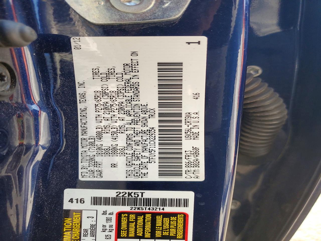 2012 Toyota Tundra Double Cab Sr5 Blue vin: 5TFUY5F11CX229354