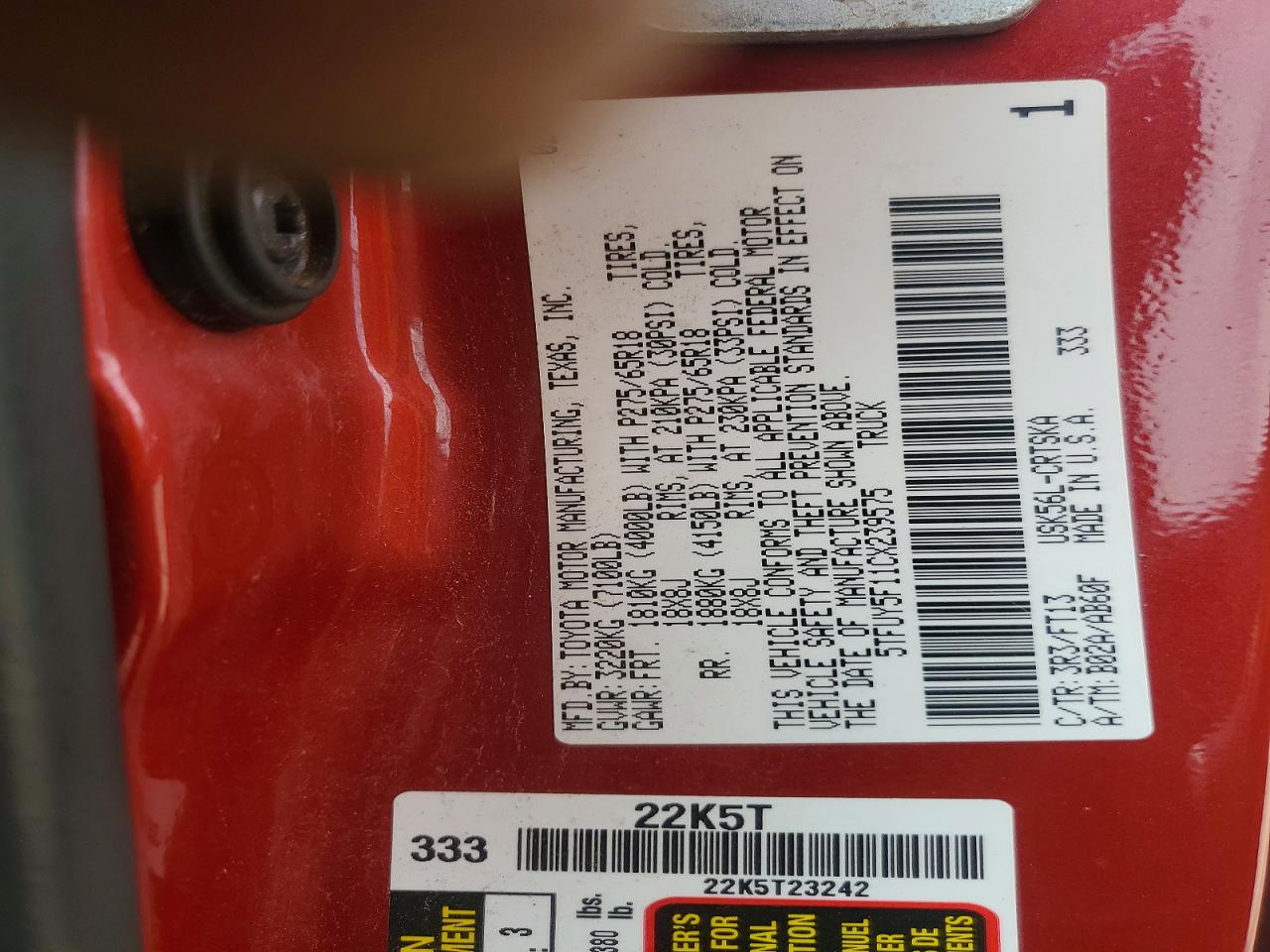 2012 Toyota Tundra Double Cab Sr5 Red vin: 5TFUY5F11CX239575
