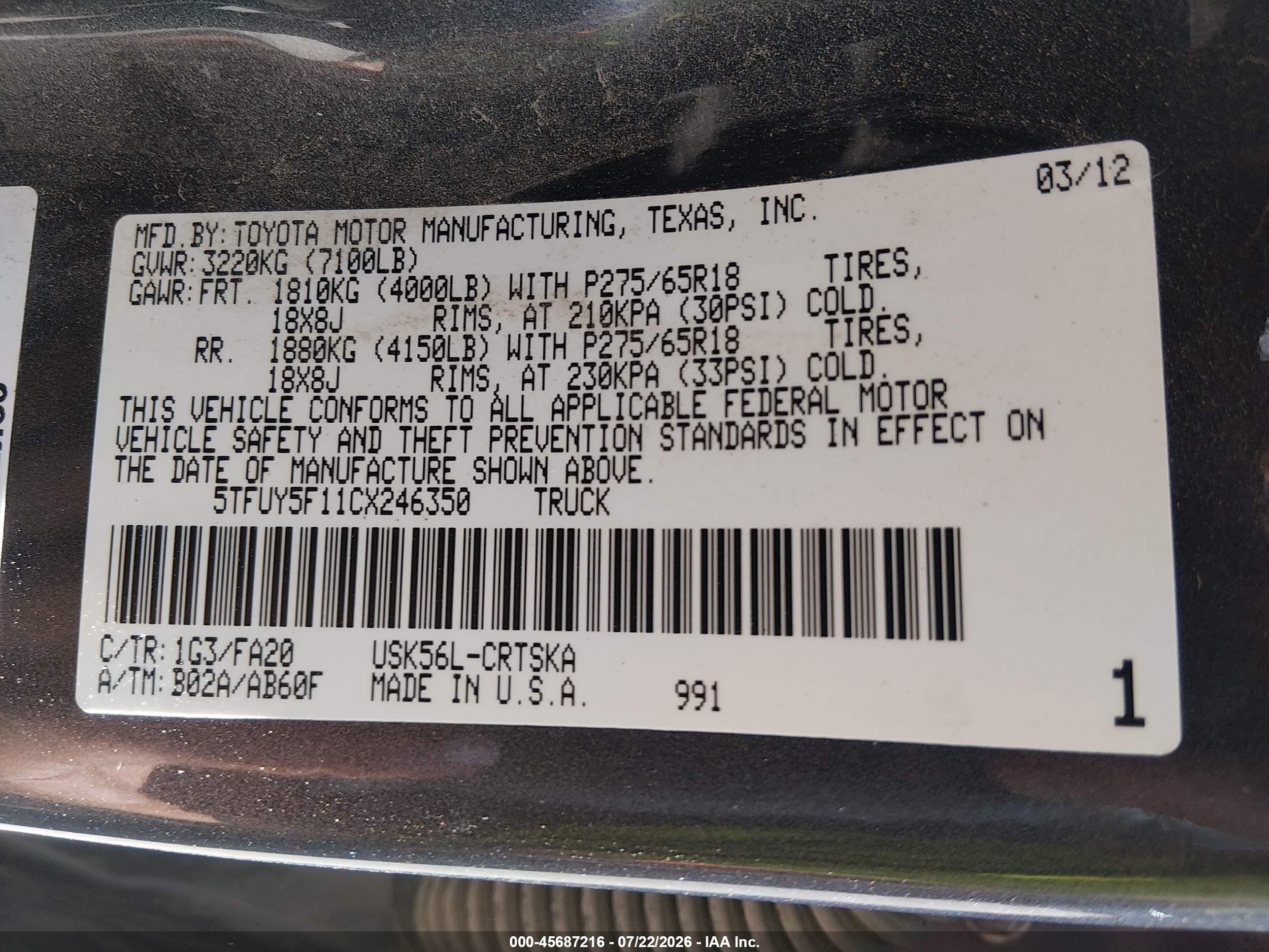 2012 Toyota Tundra Grade 5.7l V8 Gray vin: 5TFUY5F11CX246350