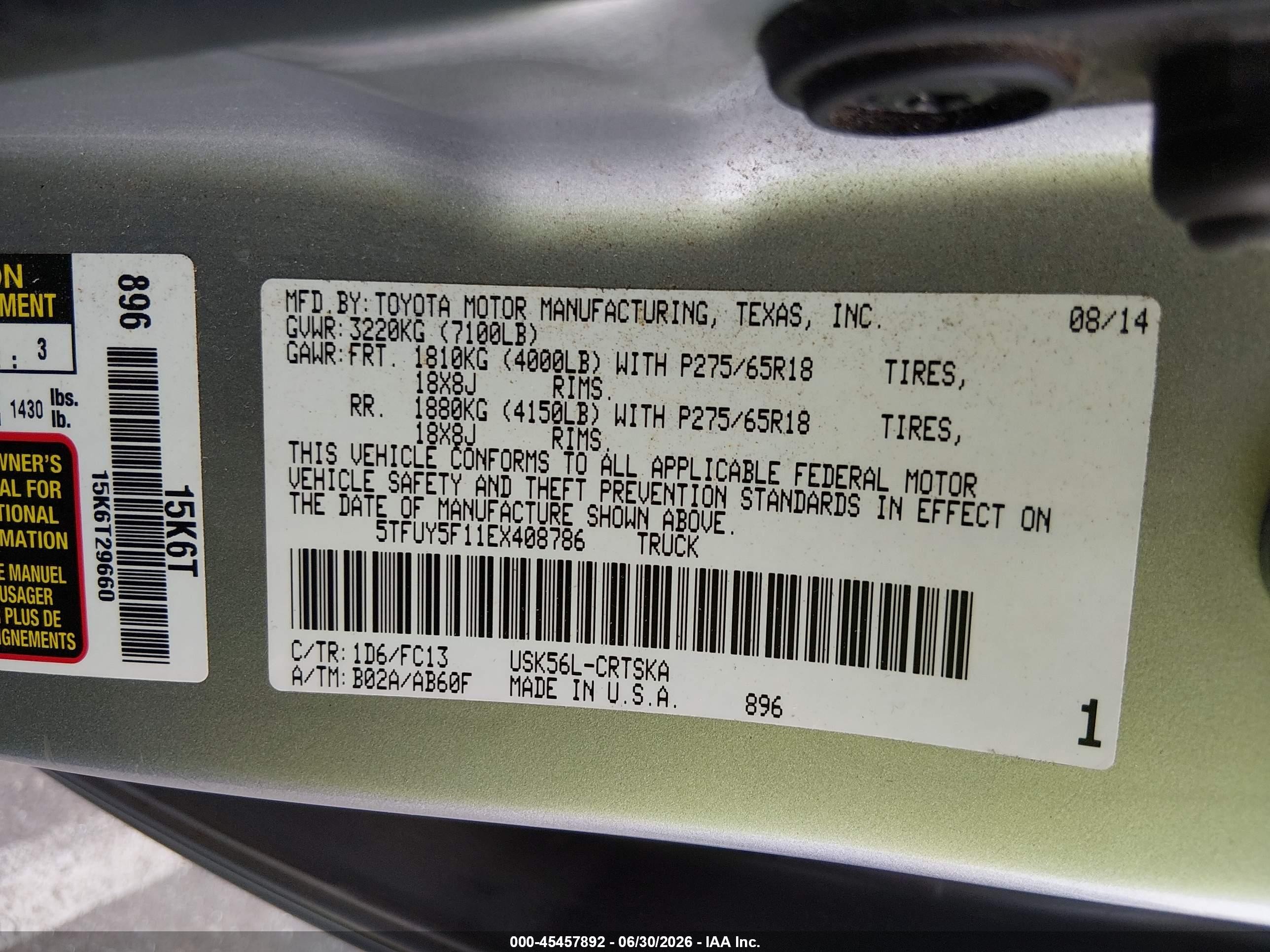 2014 Toyota Tundra Sr5 5.7l V8 Серебряный vin: 5TFUY5F11EX408786