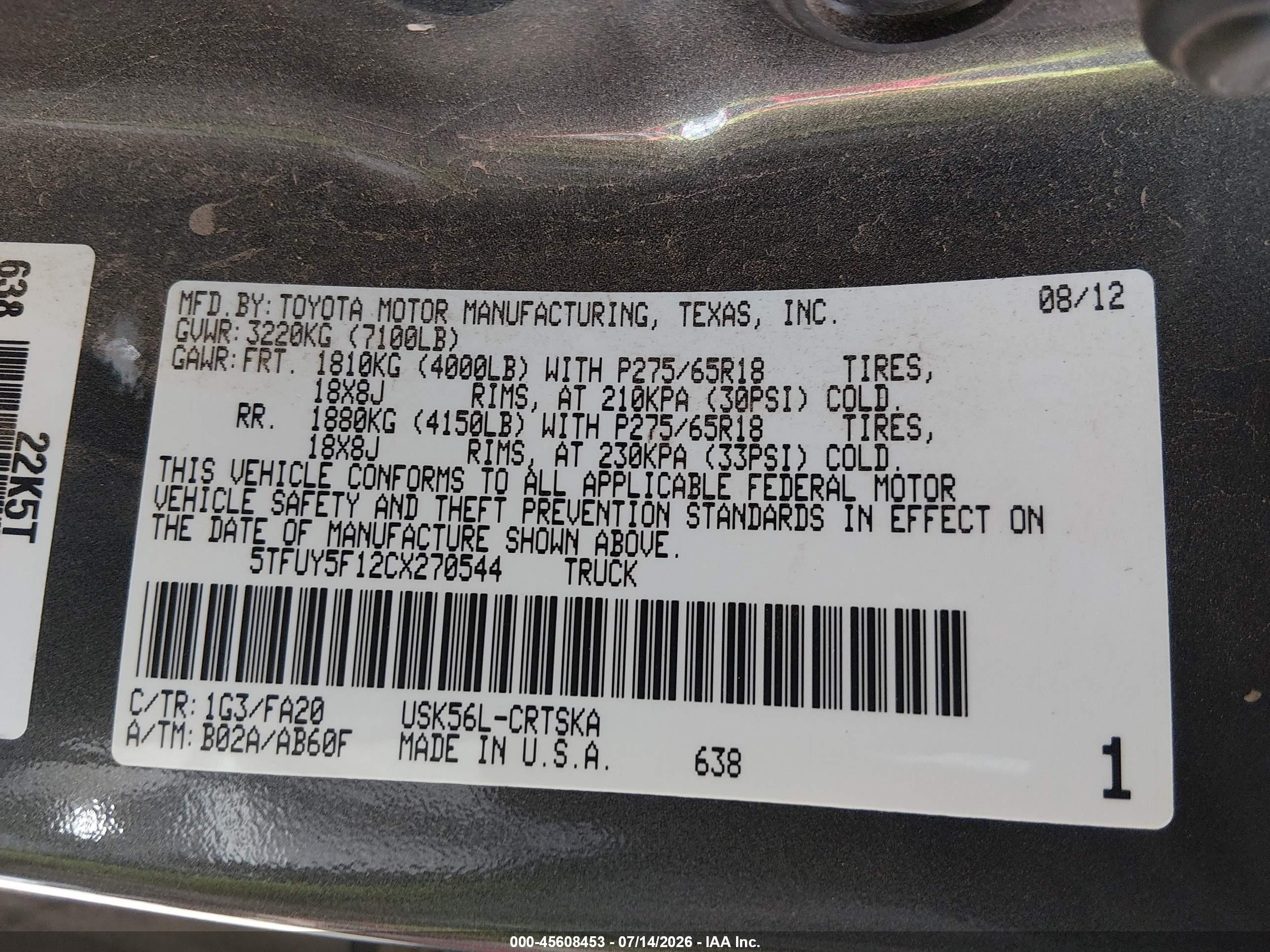 2012 Toyota Tundra Grade 5.7l V8 Gray vin: 5TFUY5F12CX270544