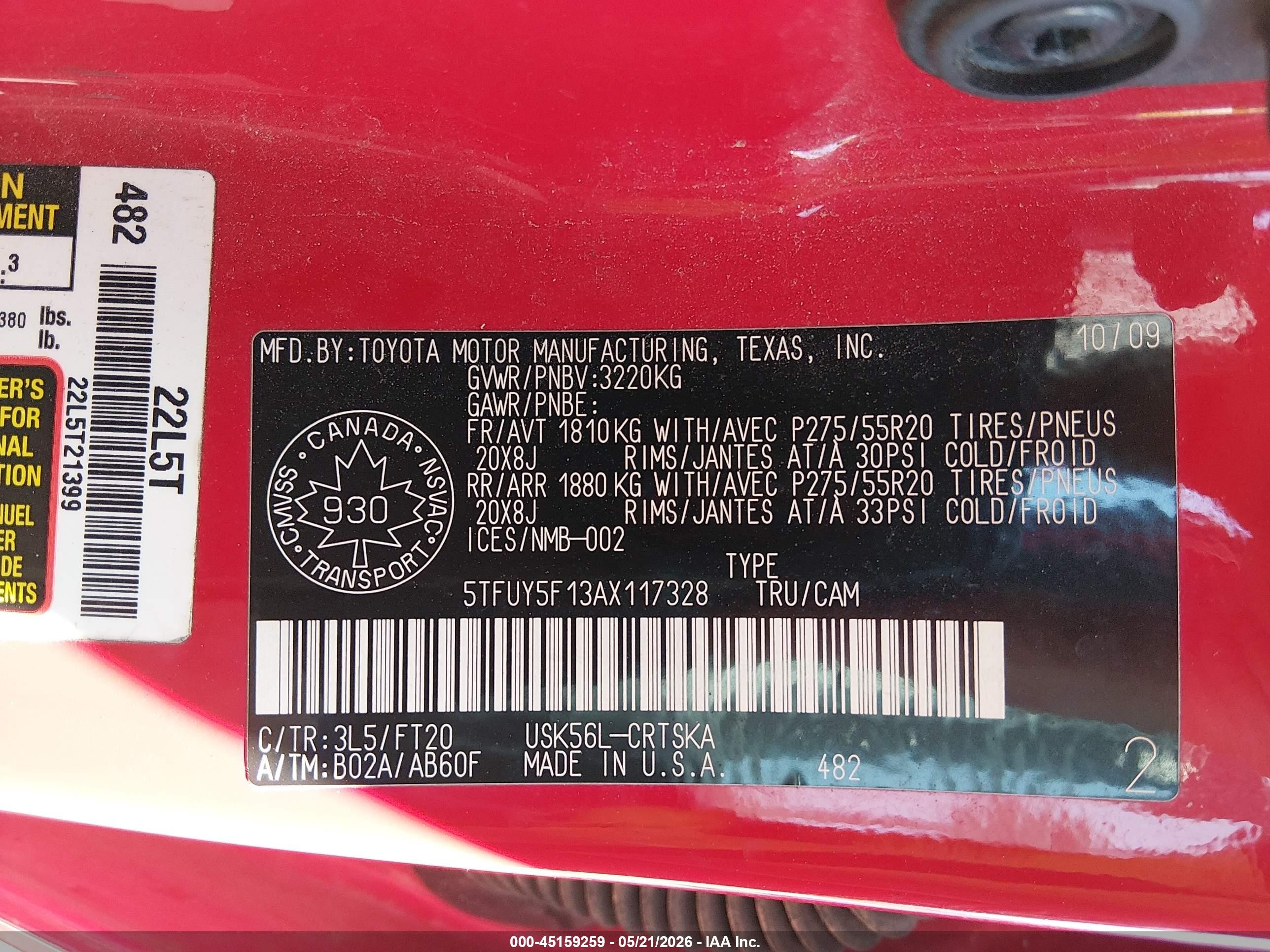 2010 Toyota Tundra Grade 5.7l V8 Красный vin: 5TFUY5F13AX117328