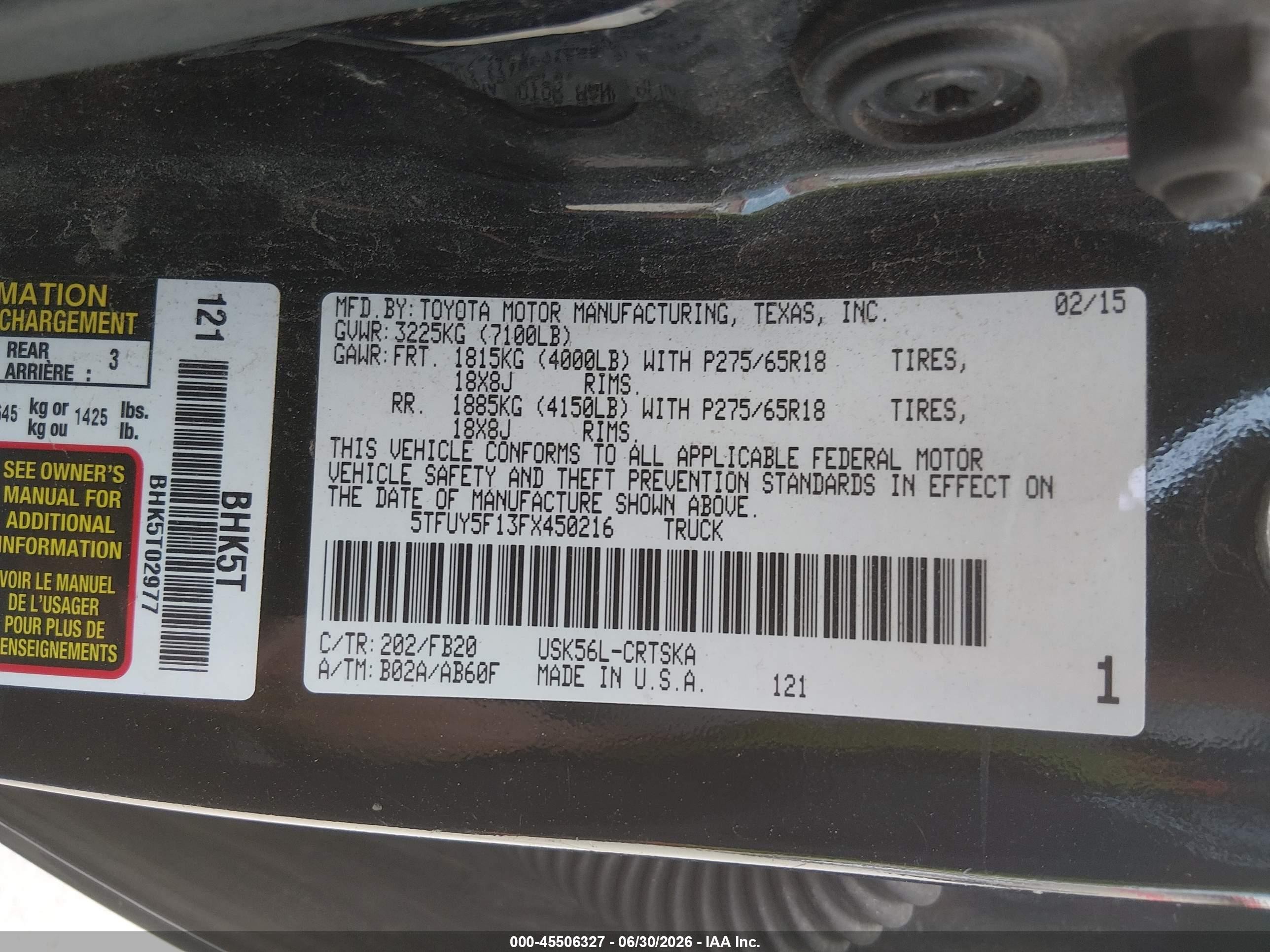 2015 Toyota Tundra Sr5 5.7l V8 Black vin: 5TFUY5F13FX450216