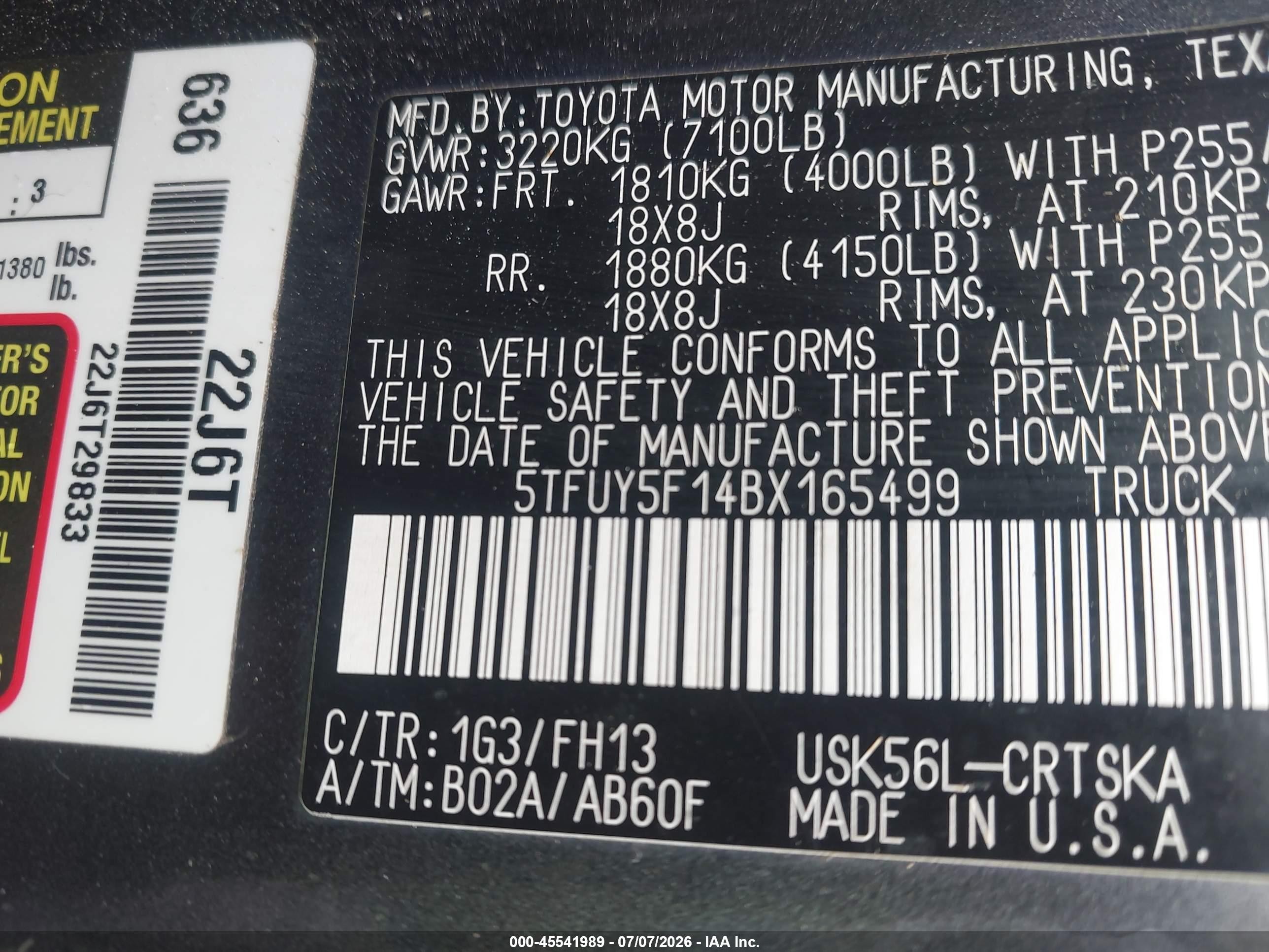 2011 Toyota Tundra Grade 5.7l V8 Gray vin: 5TFUY5F14BX165499